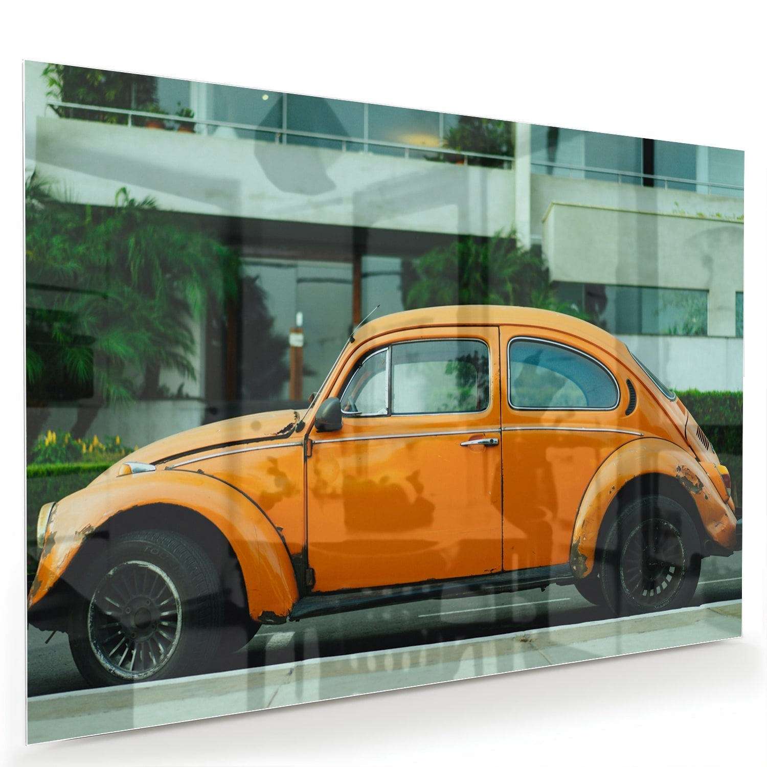Fröhliches Glasbild mit orangefarbenem Käfer – Glasbild aus Sicherheitsglas, Größe 60x40