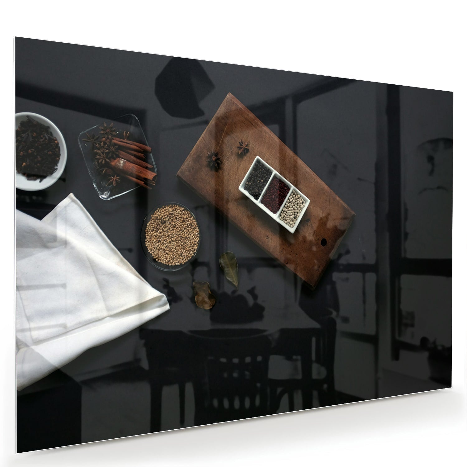 Modernes Glasbild mit Kaffee und Notizen – Glasbild aus Sicherheitsglas, Größe 60x40