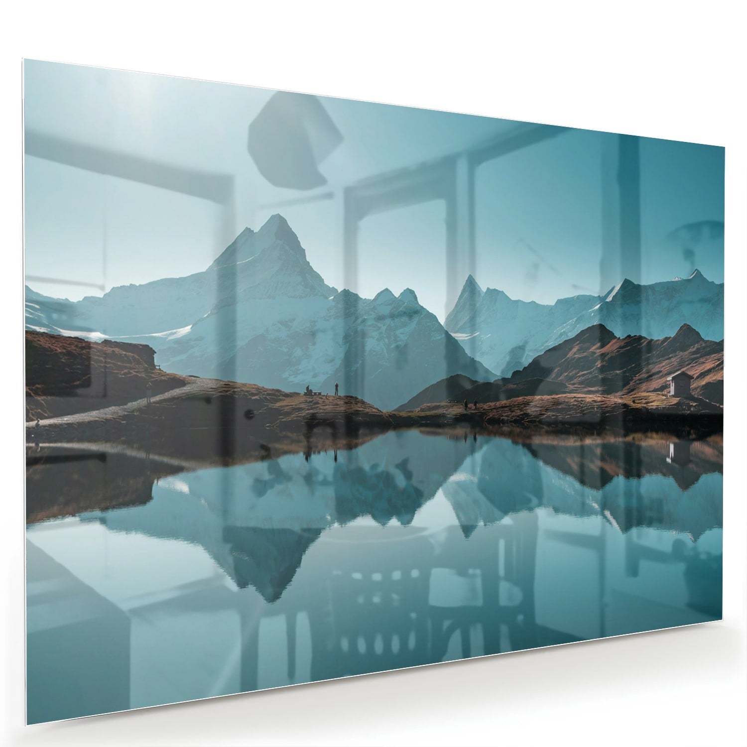 Glasbild mit Bergen und Wasserreflexionen – Glasbild aus Sicherheitsglas, Größe 60x40