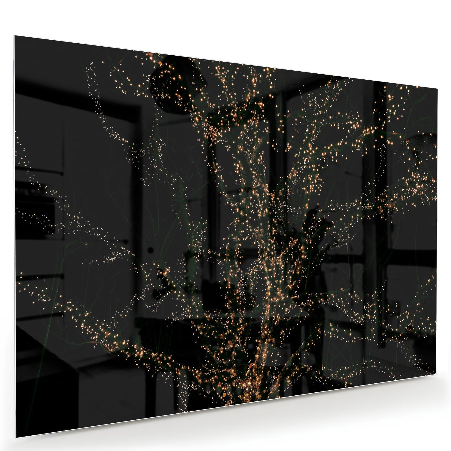 Glasbild mit goldenen Ästen auf schwarzem Hintergrund – Glasbild aus Sicherheitsglas, Größe 60x40