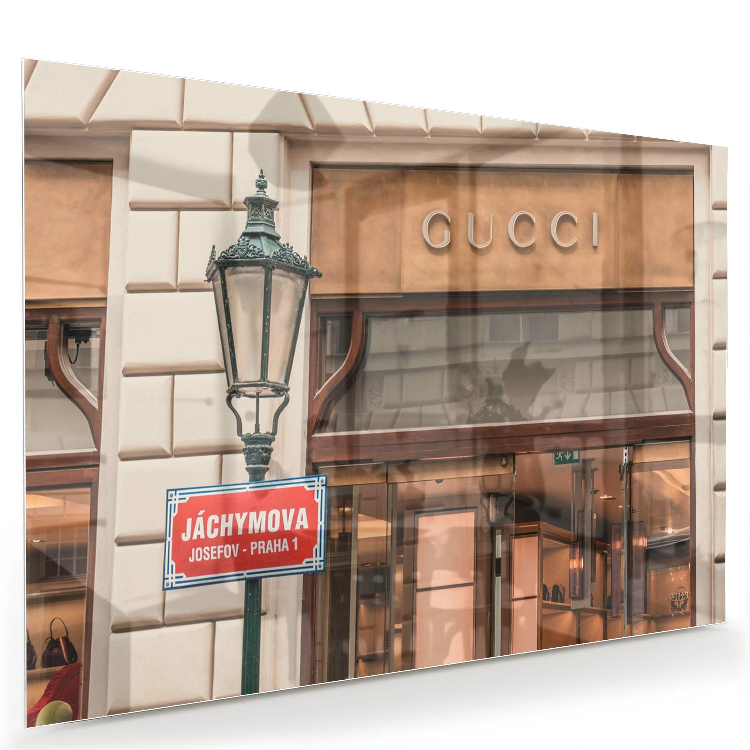 Stilvolles Glasbild mit Gucci-Schaufenster – Glasbild aus Sicherheitsglas, Größe 60x40