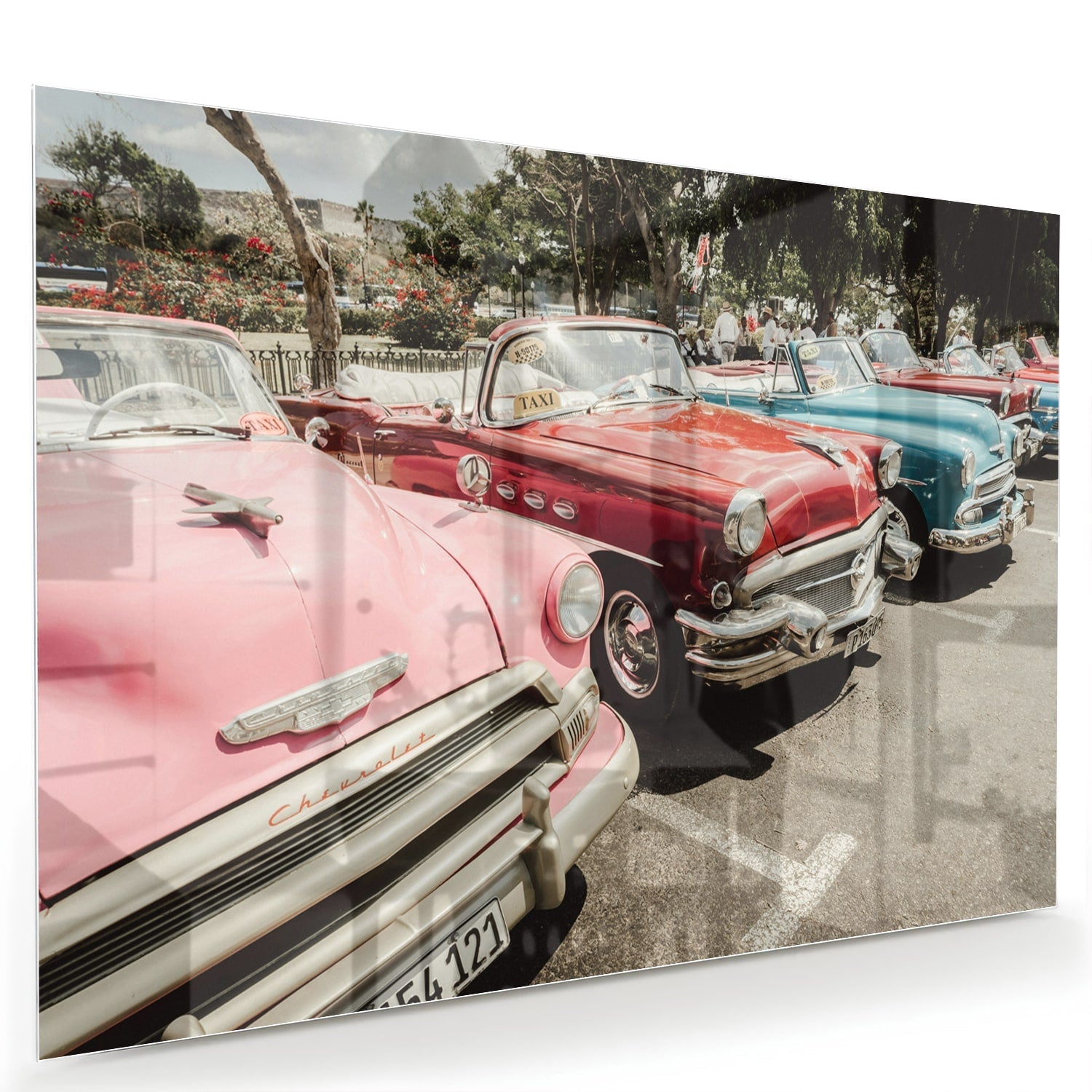 Retro-Glasbild mit farbenfrohen Autos – Glasbild aus Sicherheitsglas, Größe 60x40