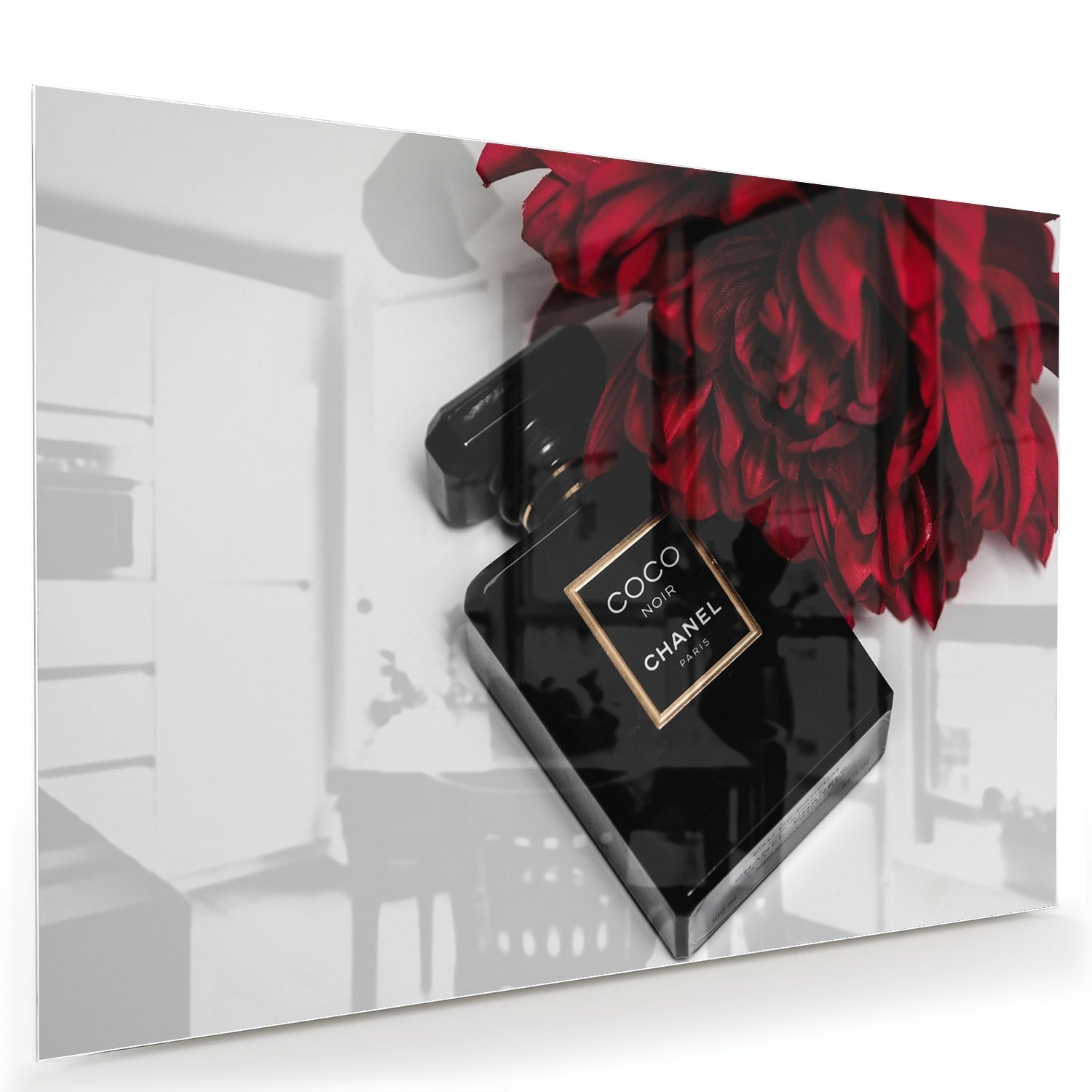 Elegantes Glasbild mit Parfüm und roten Blumen – Glasbild aus Sicherheitsglas, Größe 60x40