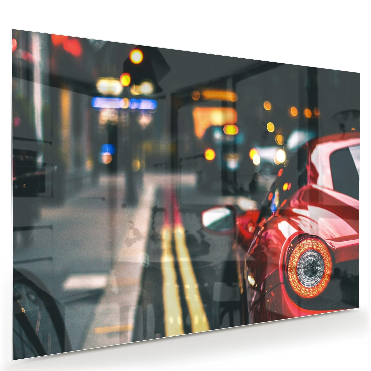 Stilvolles Glasbild mit einem roten Auto in der Stadt – Glasbild aus Sicherheitsglas, Größe 60x40