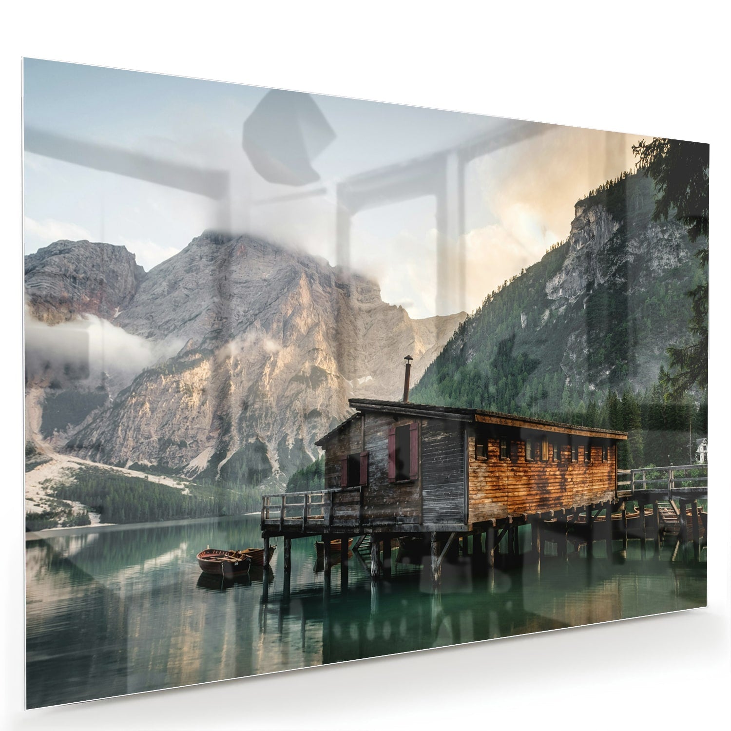 Bezauberndes Glasbild mit einer Berghütte – Glasbild aus Sicherheitsglas, Größe 60x40