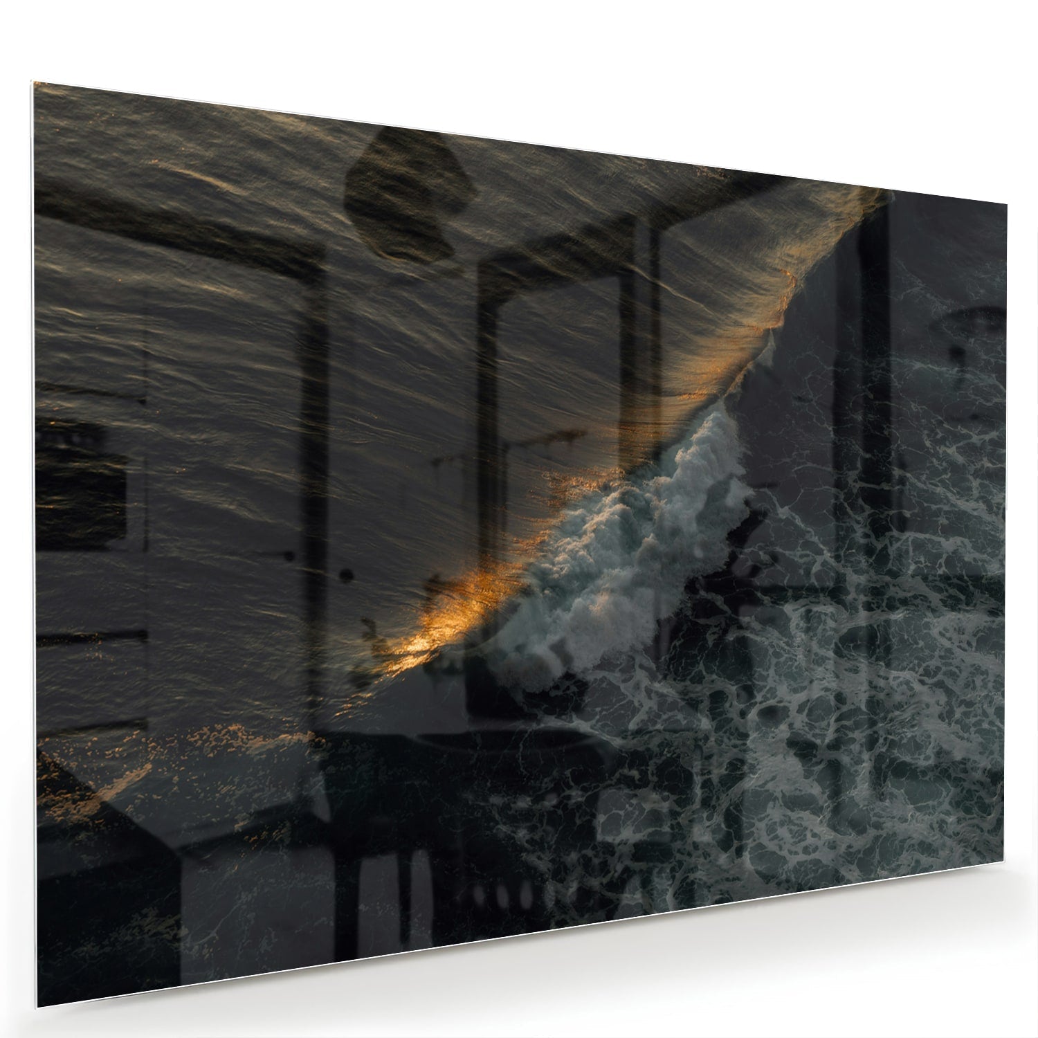 Schwarzes Glasbild mit Meerblick und Goldakzenten – Glasbild aus Sicherheitsglas, Größe 60x40