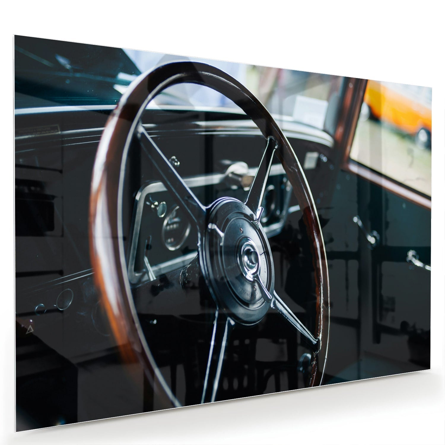 Glasbild Vintage-Glasbild mit klassischem Lenkrad – Glasbild aus Sicherheitsglas, Größe 60x40