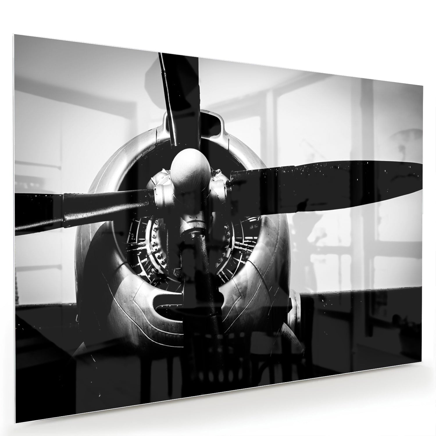 Schwarz-Weiß-Glasbild mit Vintage-Flugzeugpropeller – Glasbild aus Sicherheitsglas, Größe 60x40