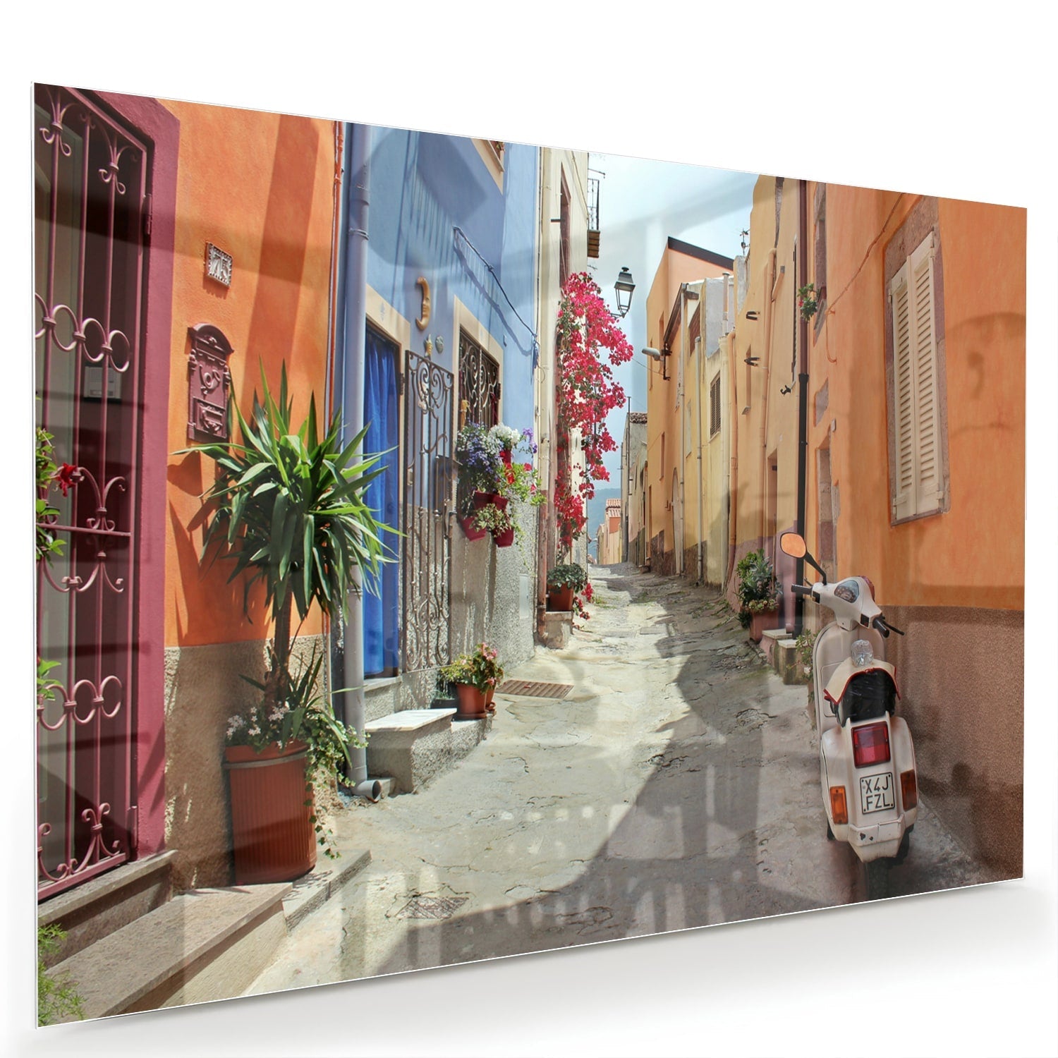 Buntes Glasbild mit Vespa auf einer Straße – Glasbild aus Sicherheitsglas, Größe 60x40