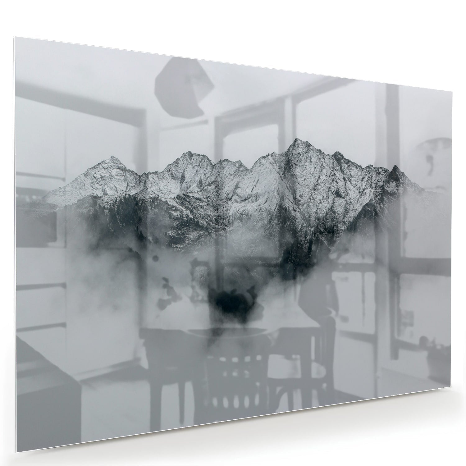 Elegantes Glasbild mit Bergen in Schwarz-Weiß – Glasbild aus Sicherheitsglas, Größe 60x40
