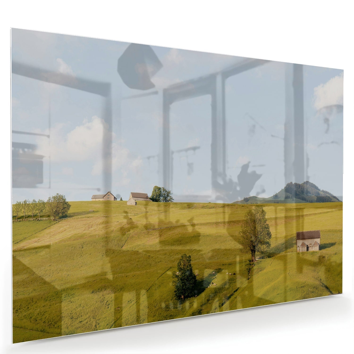 Glasbild mit grünen Hügeln in der Landschaft – Glasbild aus Sicherheitsglas, Größe 60x40