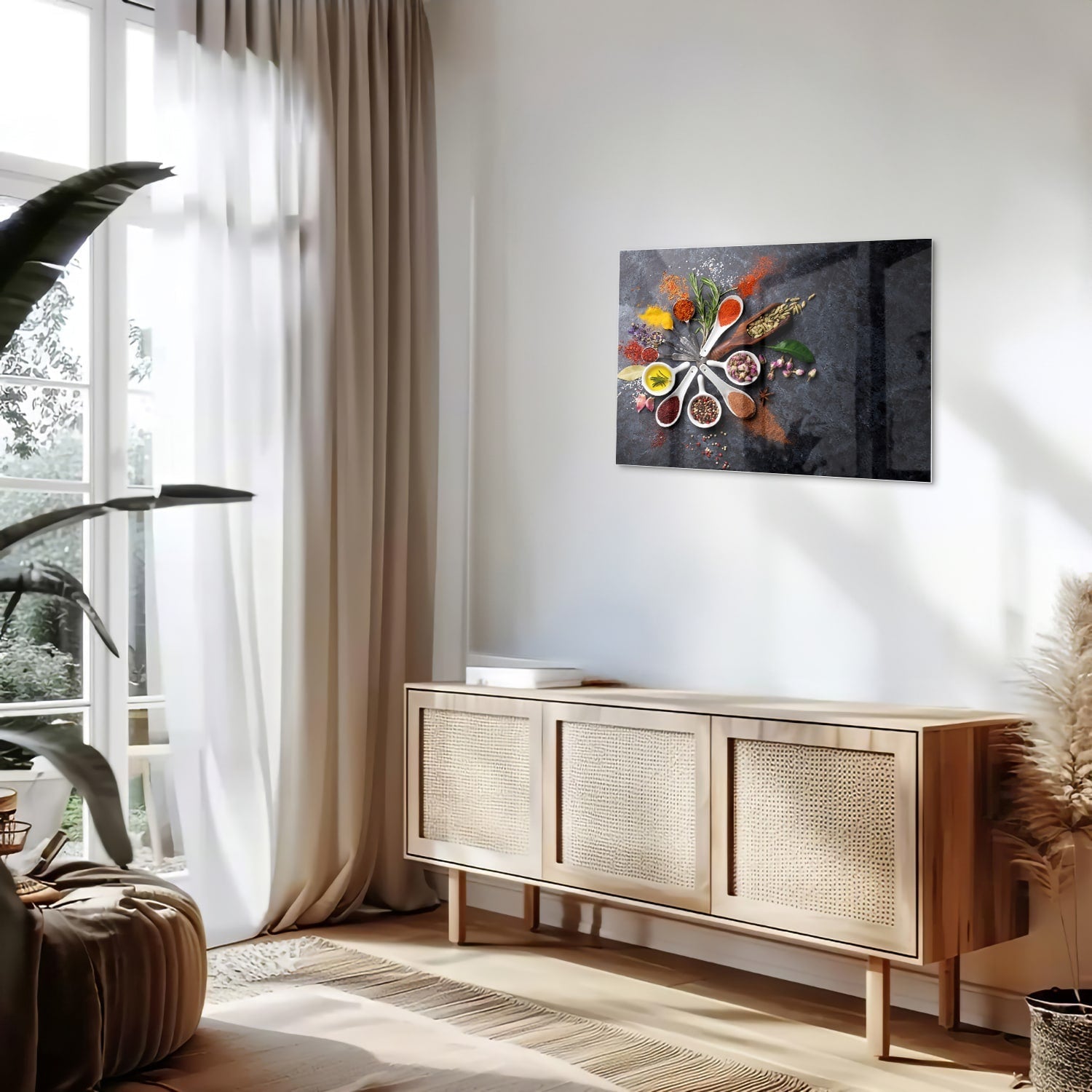 Glasbild mit farbenfrohen Gewürzen – Glasbild aus Sicherheitsglas, Größe 80x30