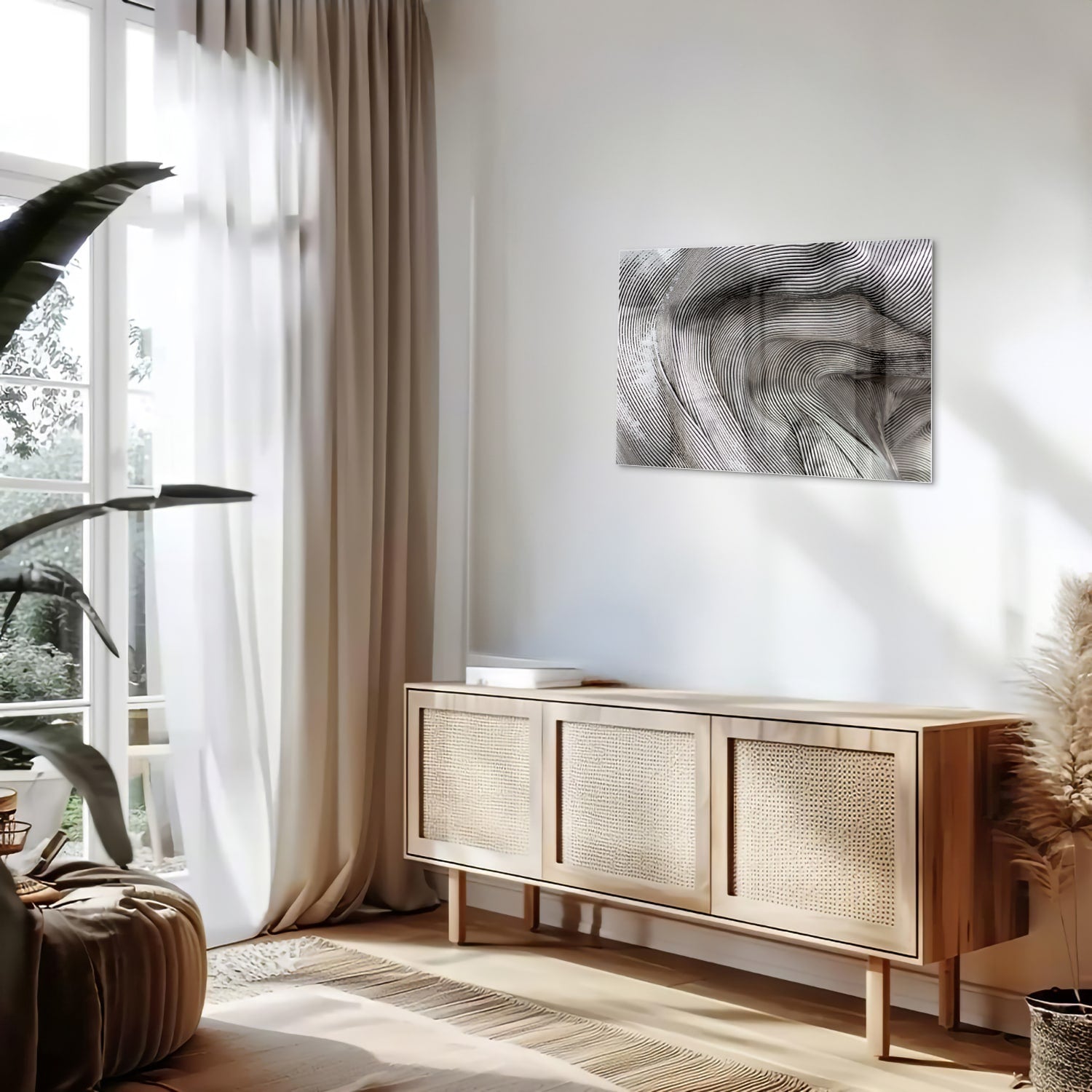 Abstraktes Glasbild mit wellenförmigen Linien – Glasbild aus Sicherheitsglas, Größe 80x30