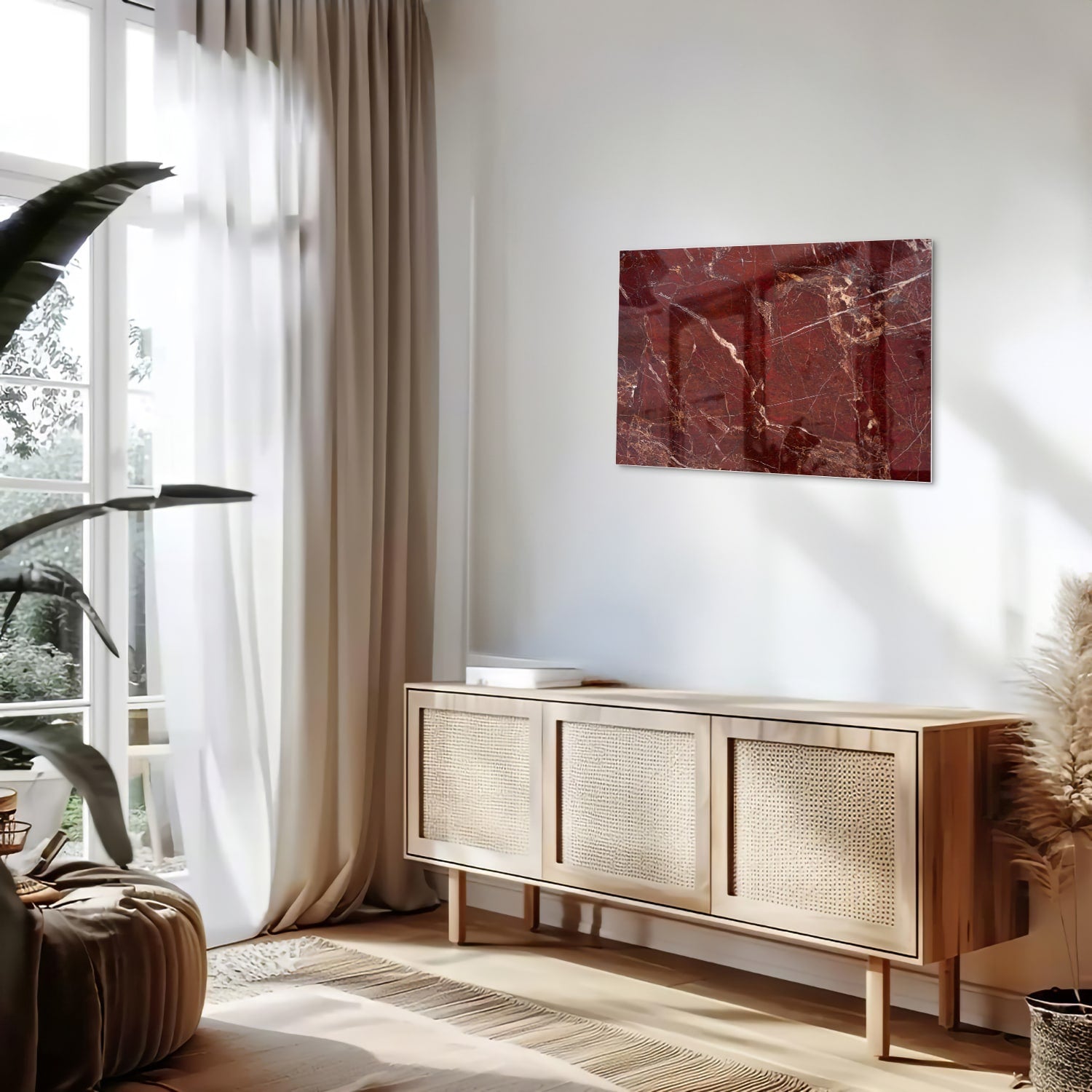 Rotes Glasbild mit Marmoroptik – Glasbild aus Sicherheitsglas, Größe 80x30