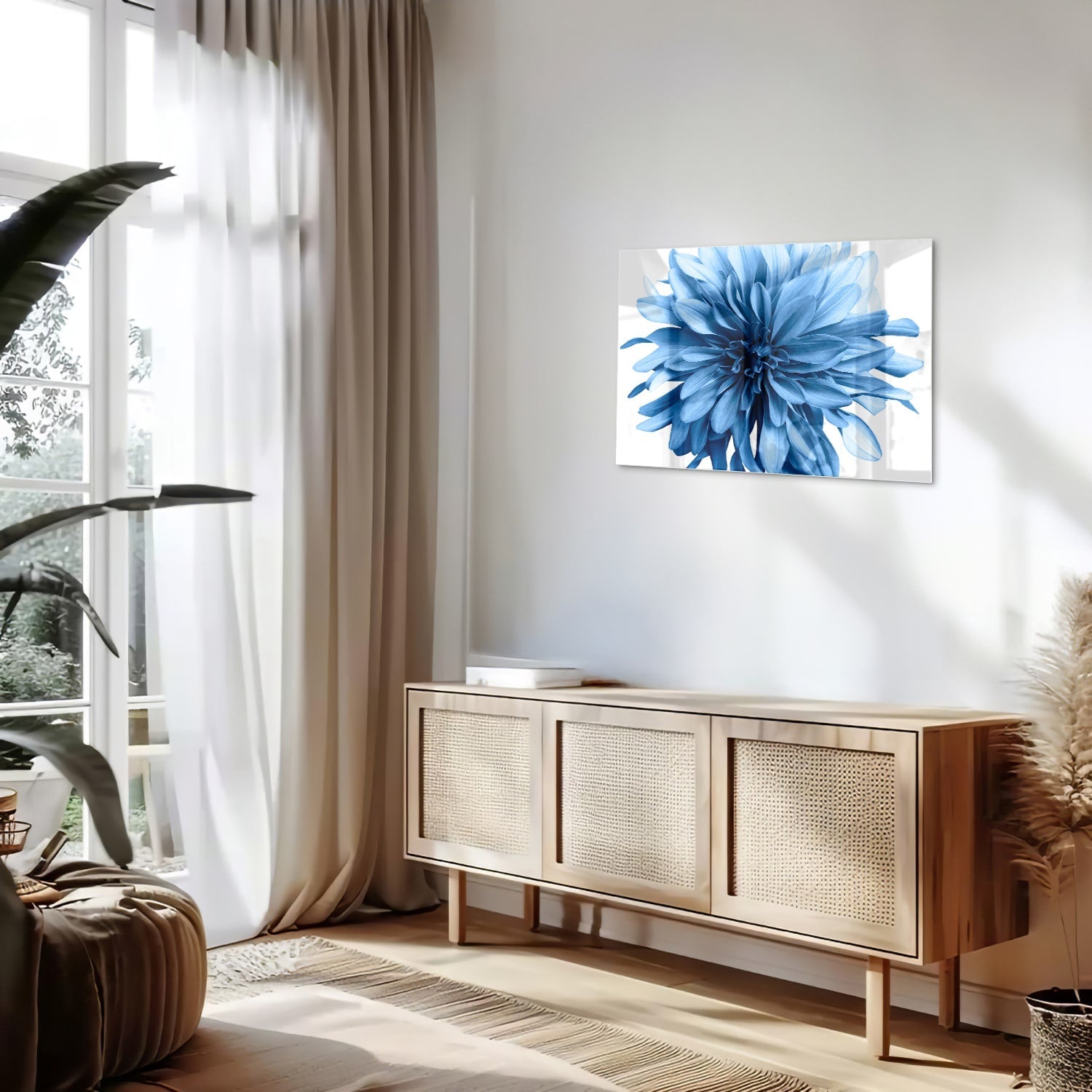 Blaues Glasbild mit einer Blume – Glasbild aus Sicherheitsglas, Größe 80x30