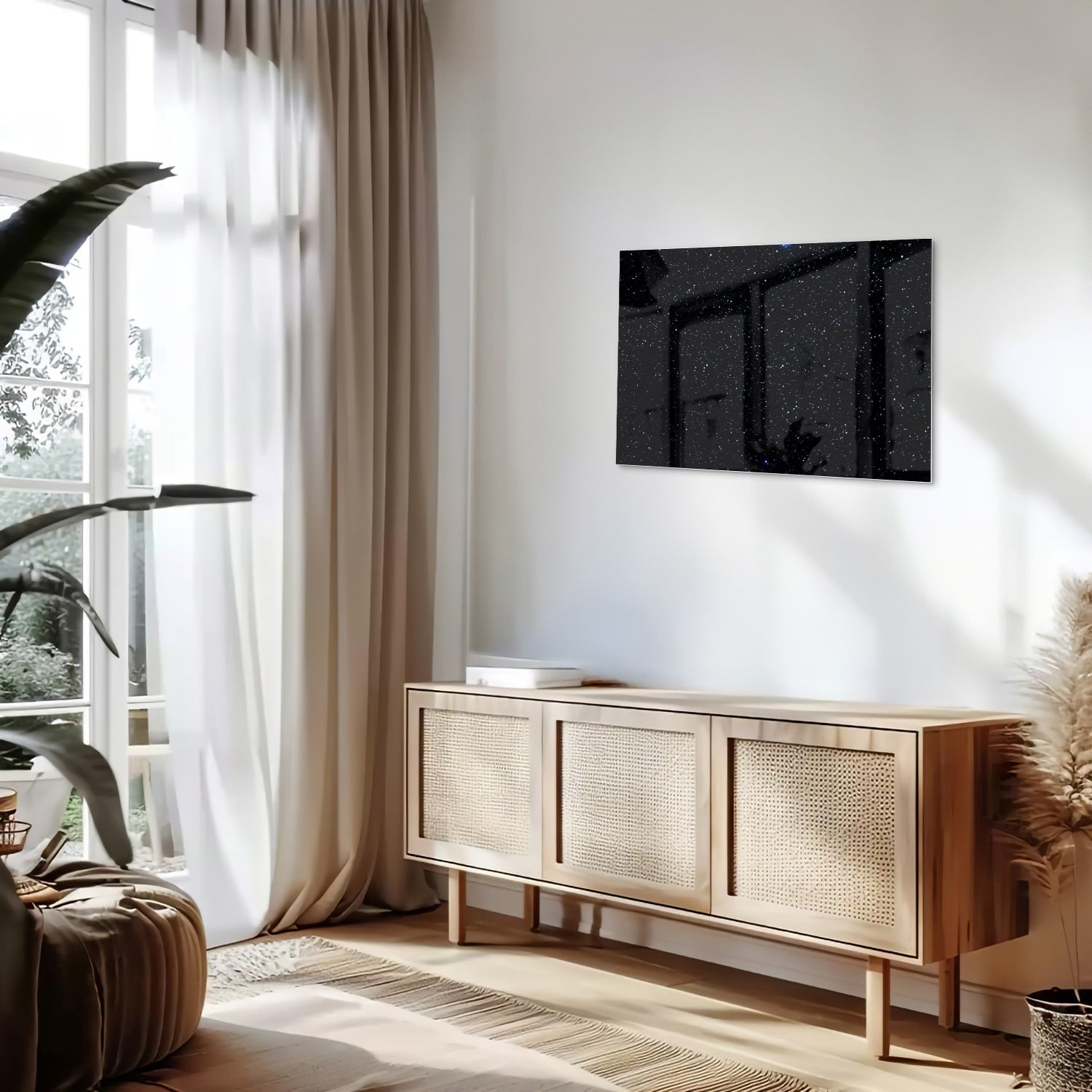 Glasbild mit Sternen auf schwarzem Hintergrund – Glasbild aus Sicherheitsglas, Größe 80x30