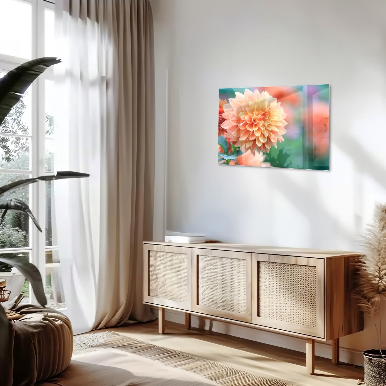 Glasbild mit Pastellrosa Dahlie – Glasbild aus Sicherheitsglas, Größe 80x30