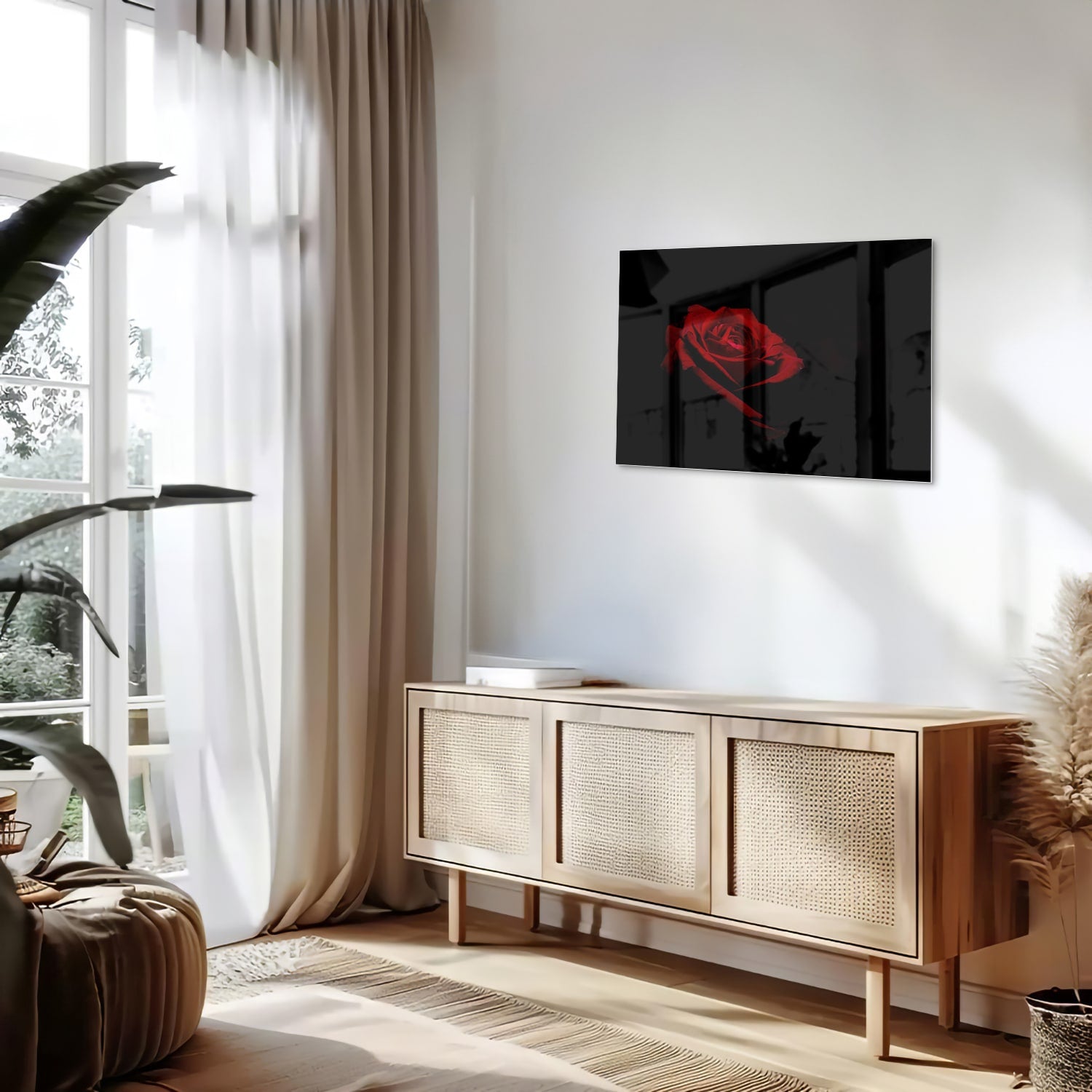 Elegantes Glasbild mit roter Rose auf schwarzem Hintergrund – Glasbild aus Sicherheitsglas, Größe 80x30