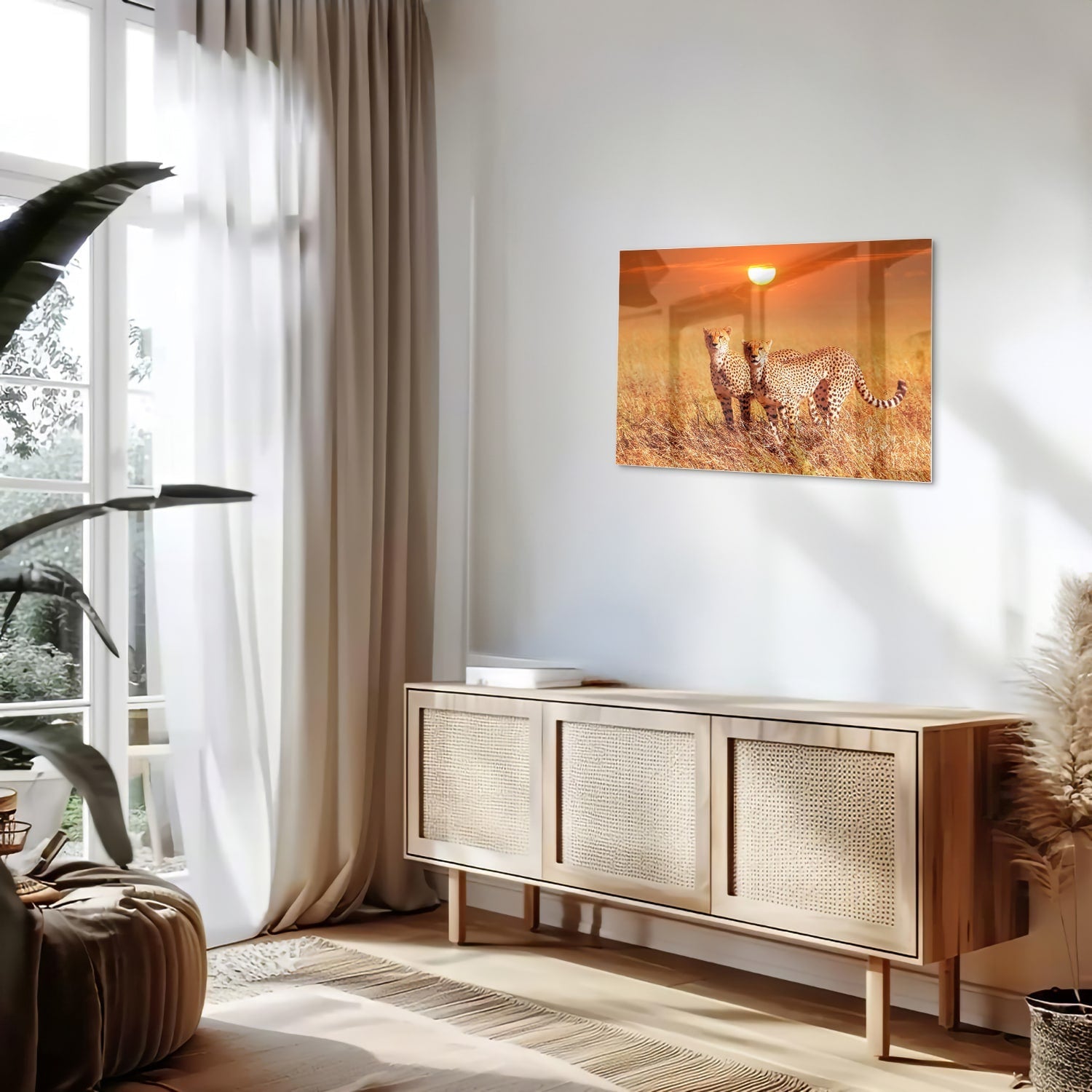 Elegantes Glasbild mit Geparden in der Natur – Glasbild aus Sicherheitsglas, Größe 80x30
