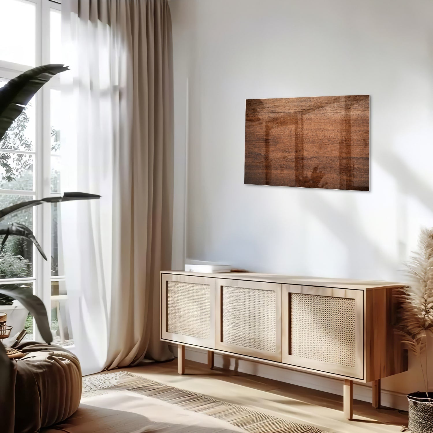 Elegantes Glasbild in warmem Holzton – Glasbild aus Sicherheitsglas, Größe 80x30