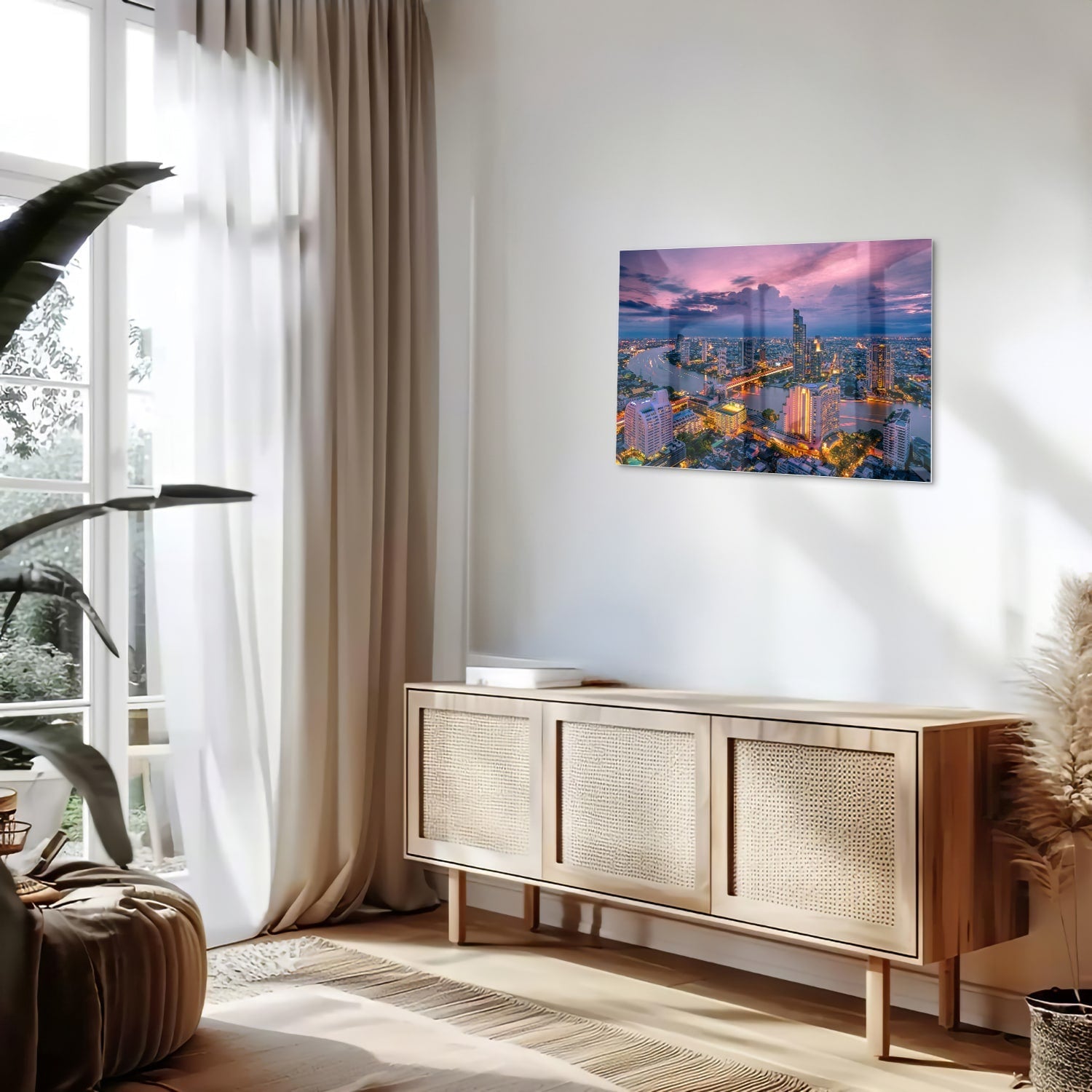 Glasbild mit Stadtblick im Abendlicht – Glasbild aus Sicherheitsglas, Größe 80x30