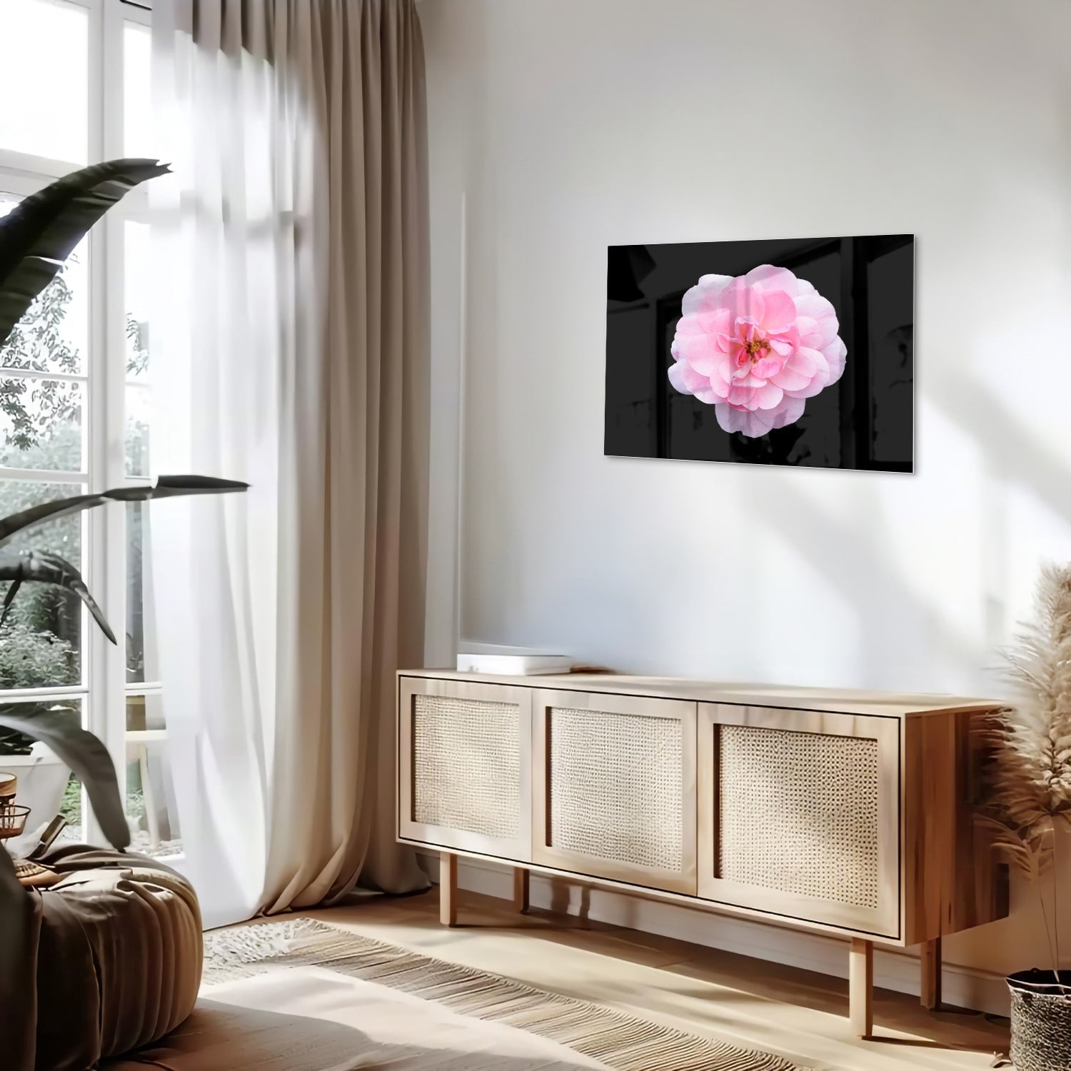 Elegantes Glasbild mit rosa Blume auf schwarzem Hintergrund – Glasbild aus Sicherheitsglas, Größe 80x30