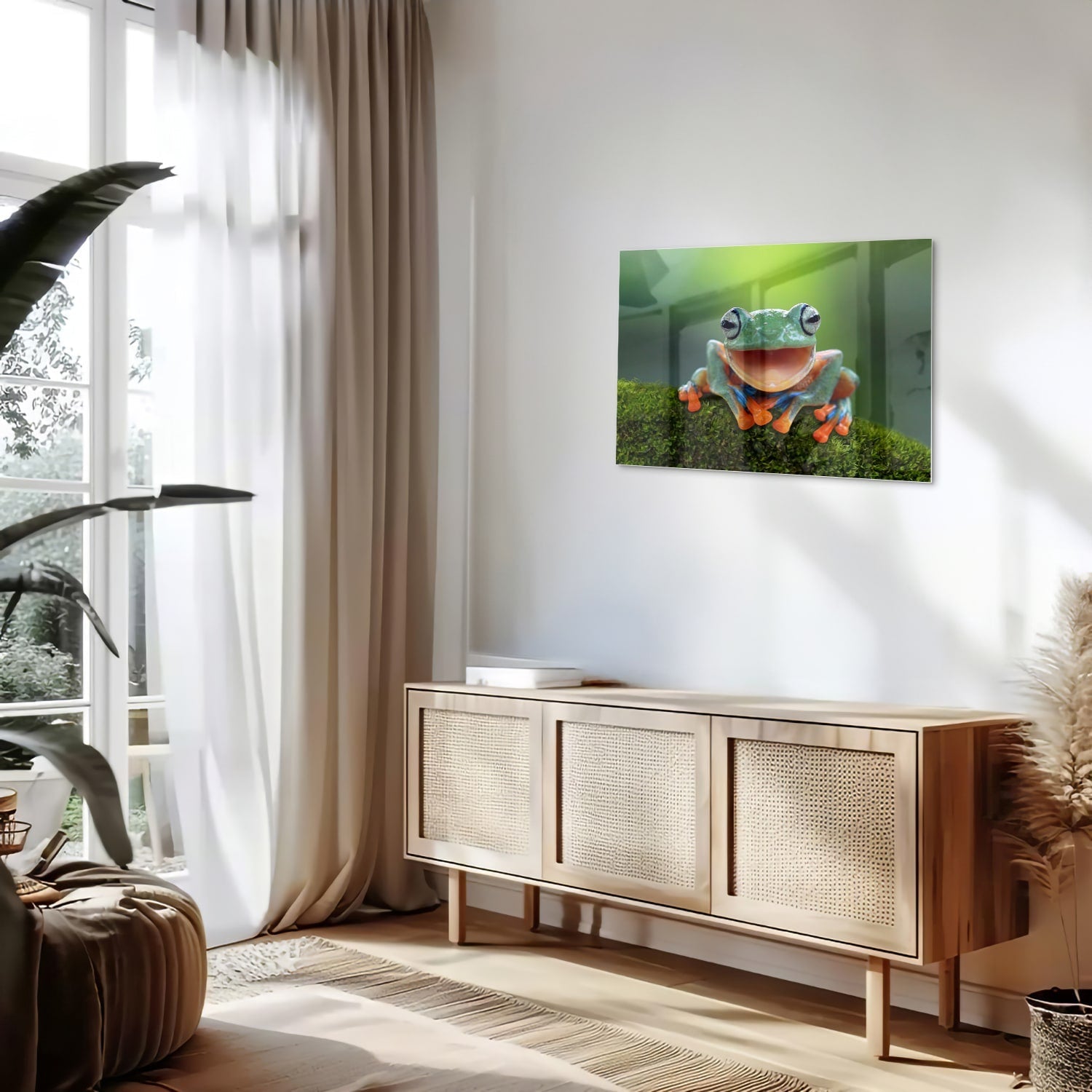 Fröhliches Glasbild mit Laubfrosch – Glasbild aus Sicherheitsglas, Größe 80x30