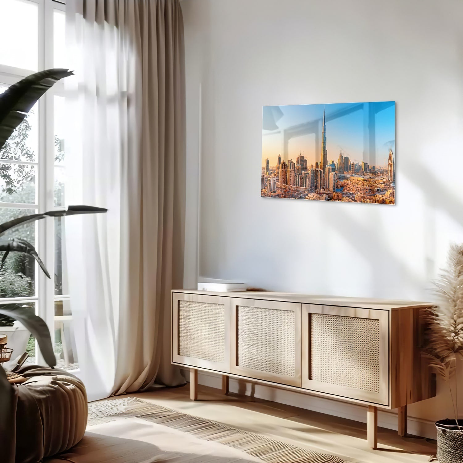 Modernes Glasbild mit Skyline Dubai – Glasbild aus Sicherheitsglas, Größe 80x30