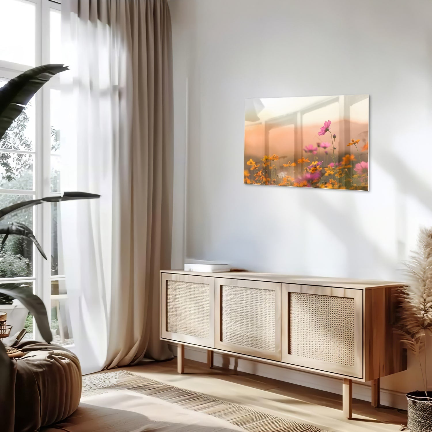 Wunderschönes Glasbild mit Blumen in Pastellfarben – Glasbild aus Sicherheitsglas, Größe 80x30