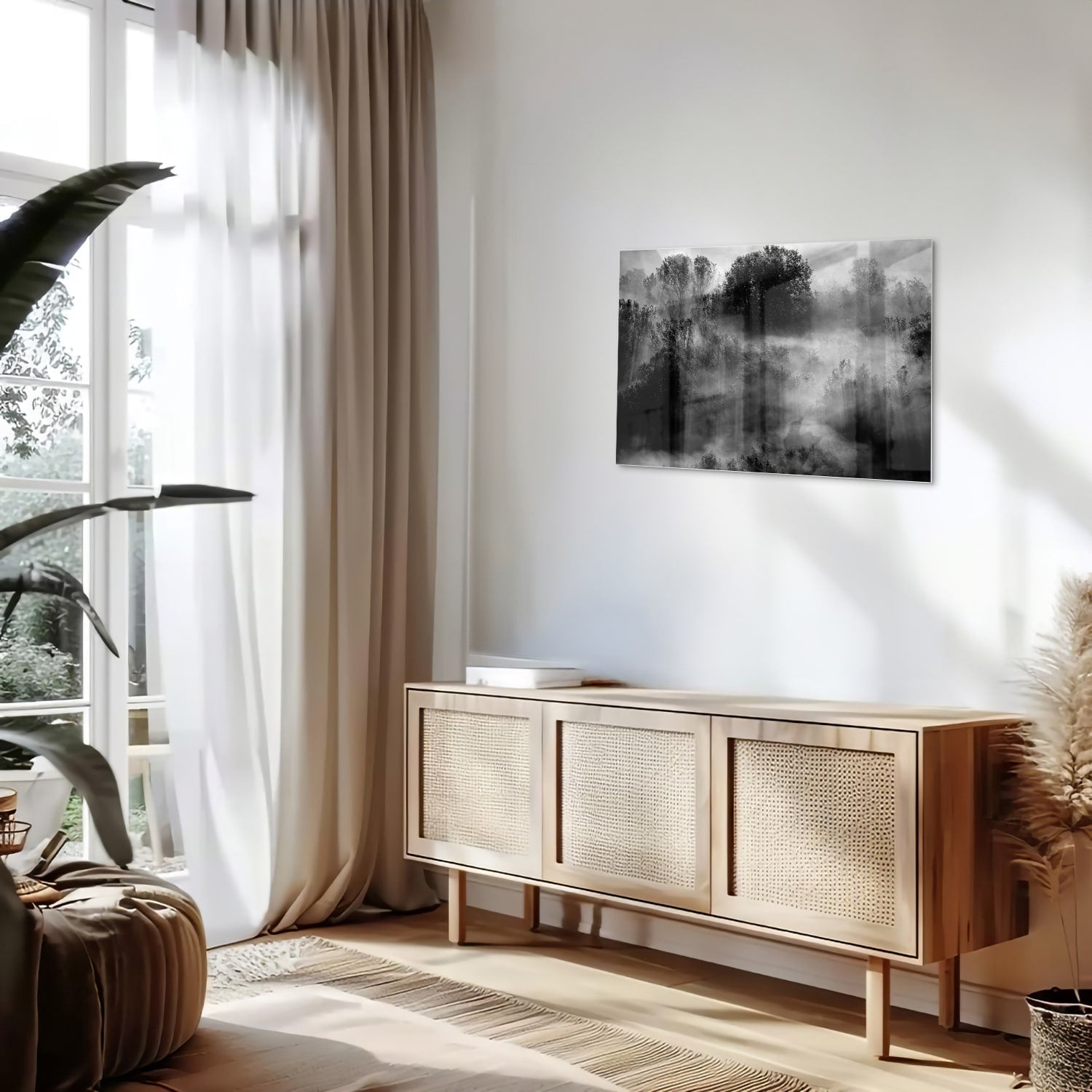 Abstraktes Schwarz-Weiß-Glasbild mit Bäumen – Glasbild aus Sicherheitsglas, Größe 80x30