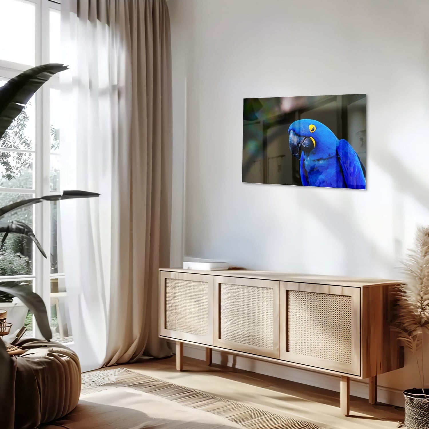 Glasbild mit einem wunderschönen blauen Ara – Glasbild aus Sicherheitsglas, Größe 80x30