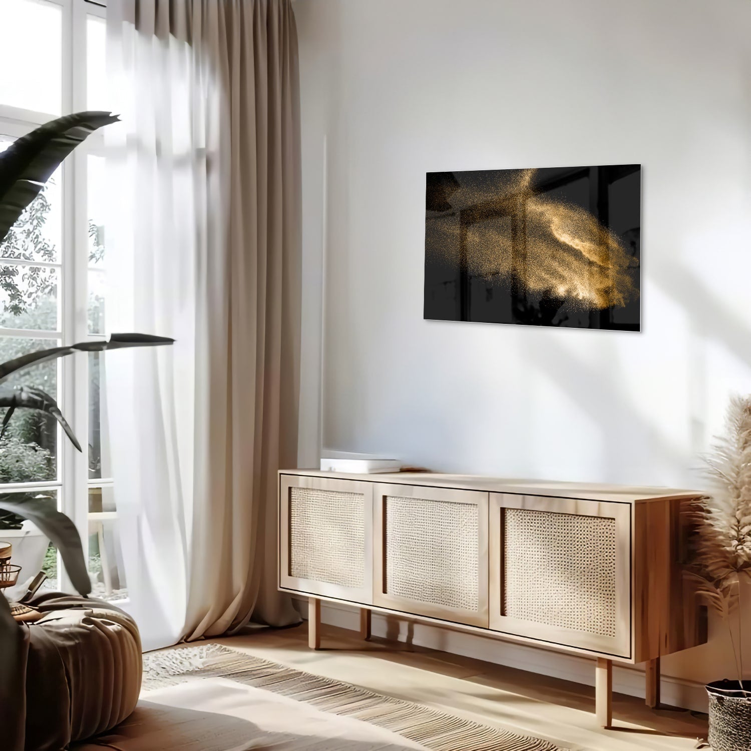 Glasbild – Goldene Hand auf schwarzem Hintergrund – Glasbild aus Sicherheitsglas, Größe 80x30