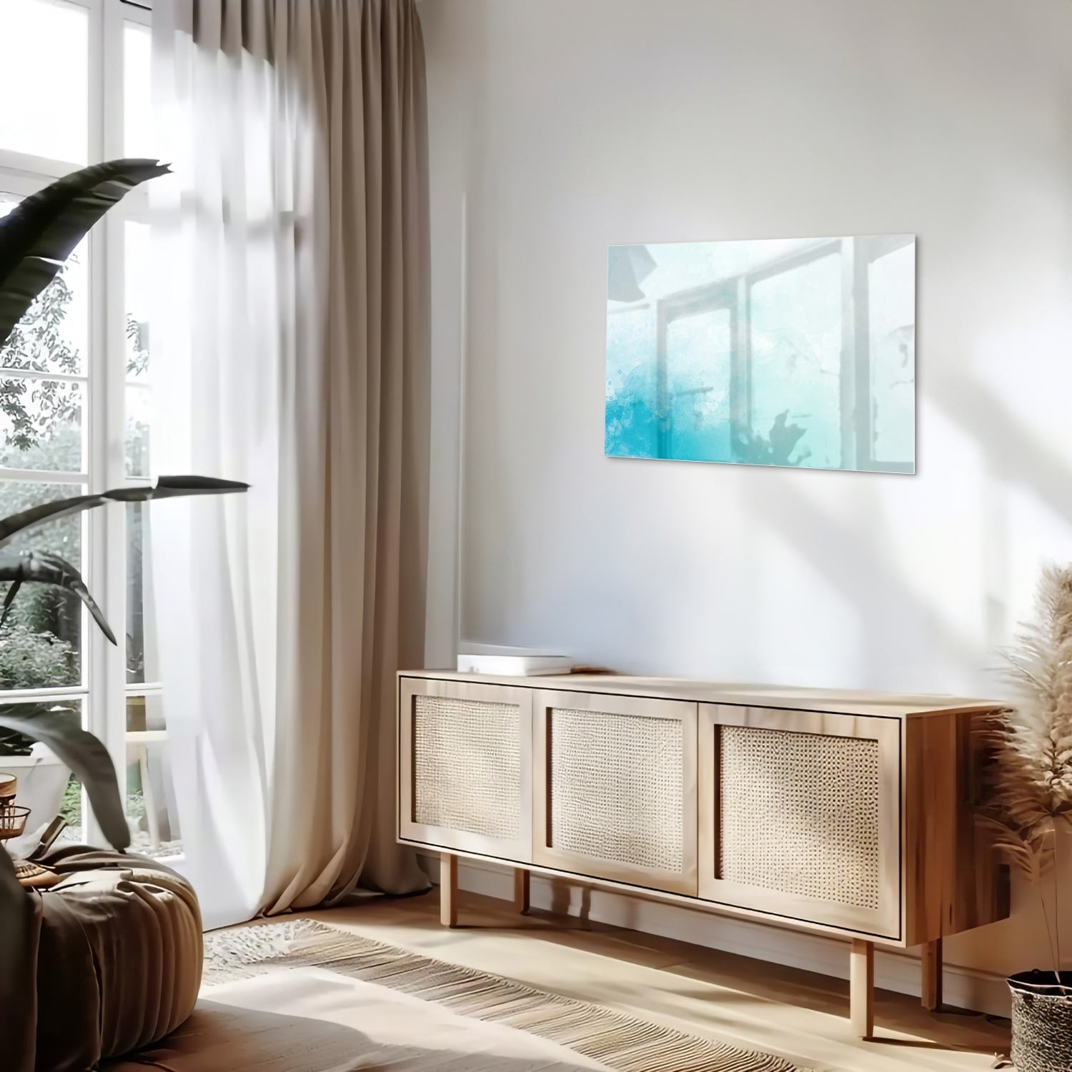 Abstraktes Glasbild in blauen und türkisen Farbtönen – Glasbild aus Sicherheitsglas, Größe 80x30