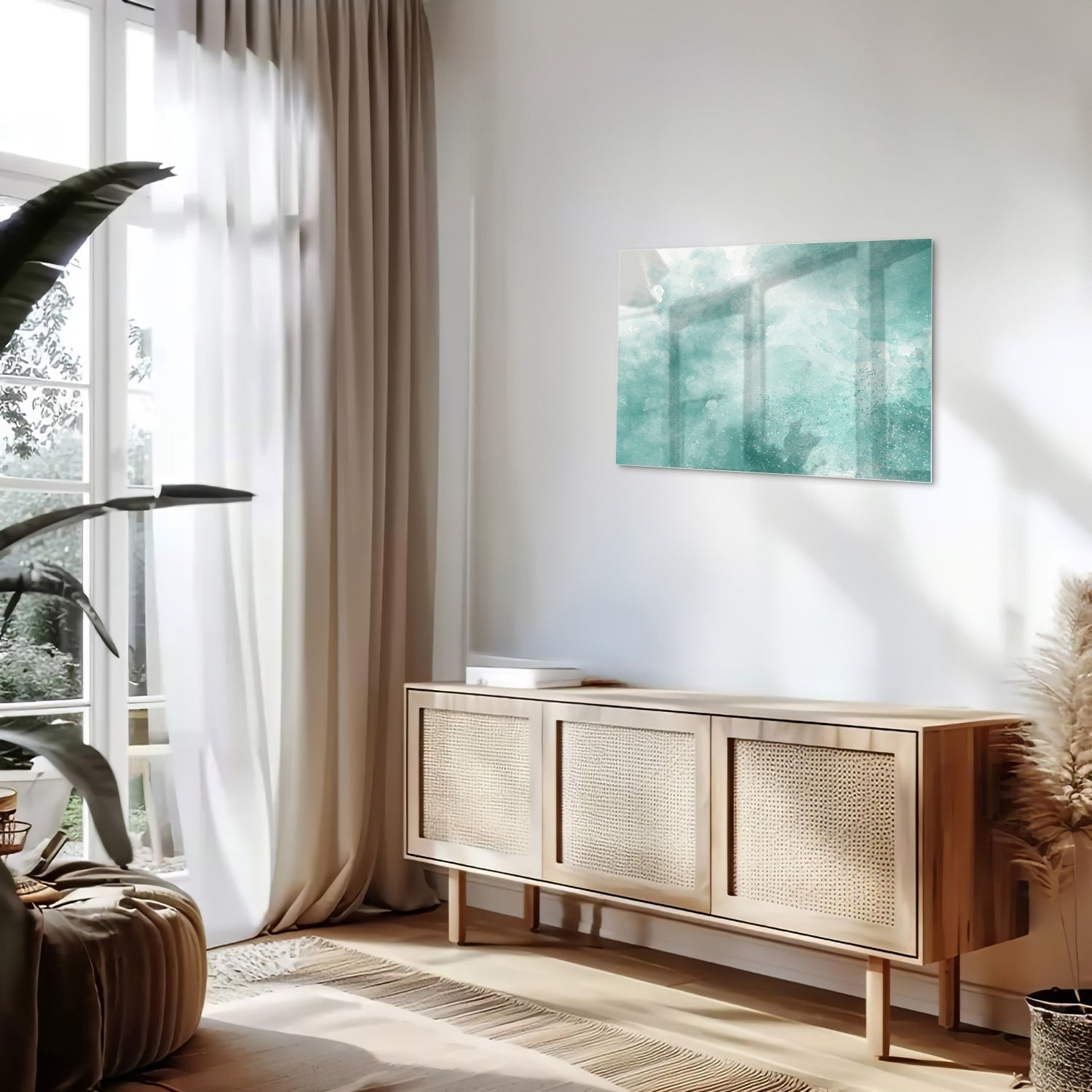 Abstraktes Glasbild in Aquablau – Glasbild aus Sicherheitsglas, Größe 80x30