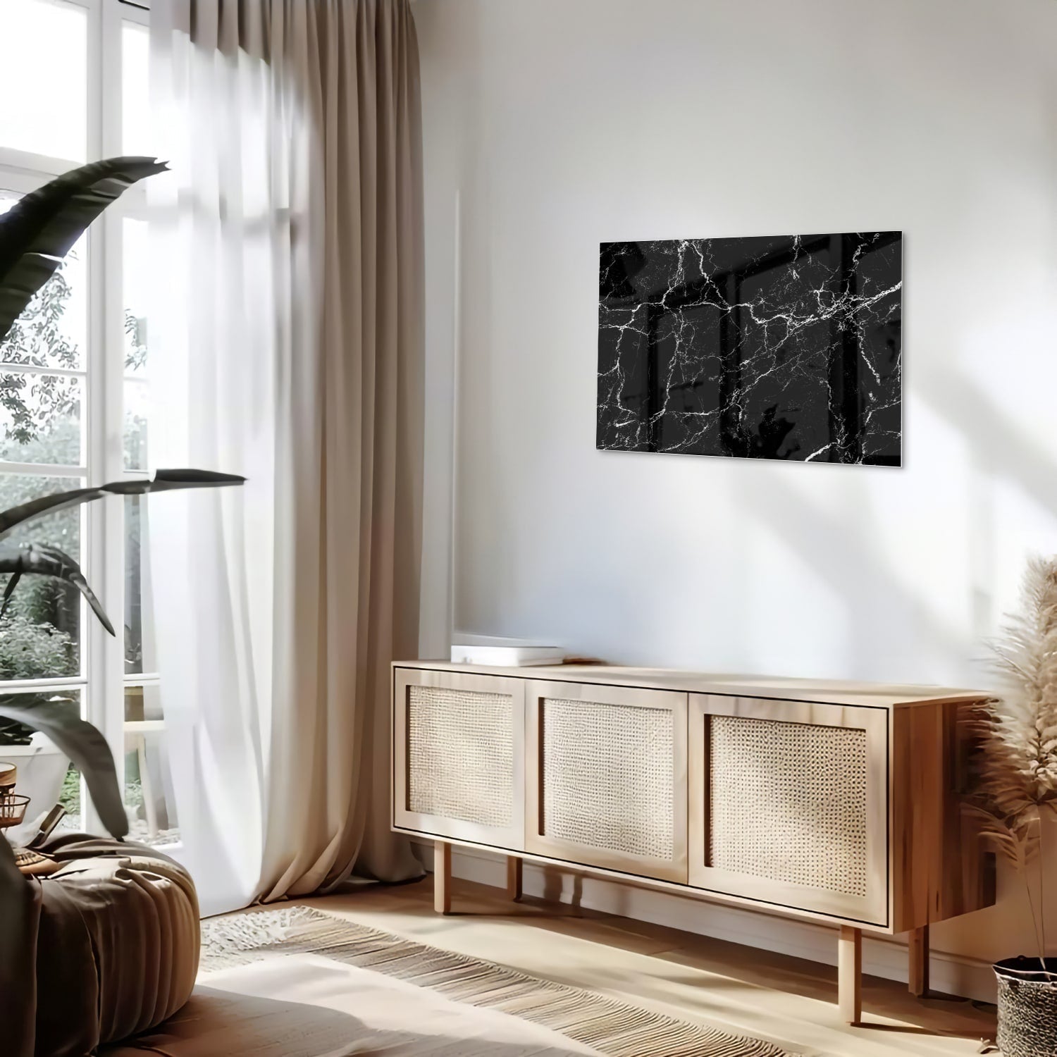 Elegantes Glasbild in schwarzer Marmoroptik – Glasbild aus Sicherheitsglas, Größe 80x30