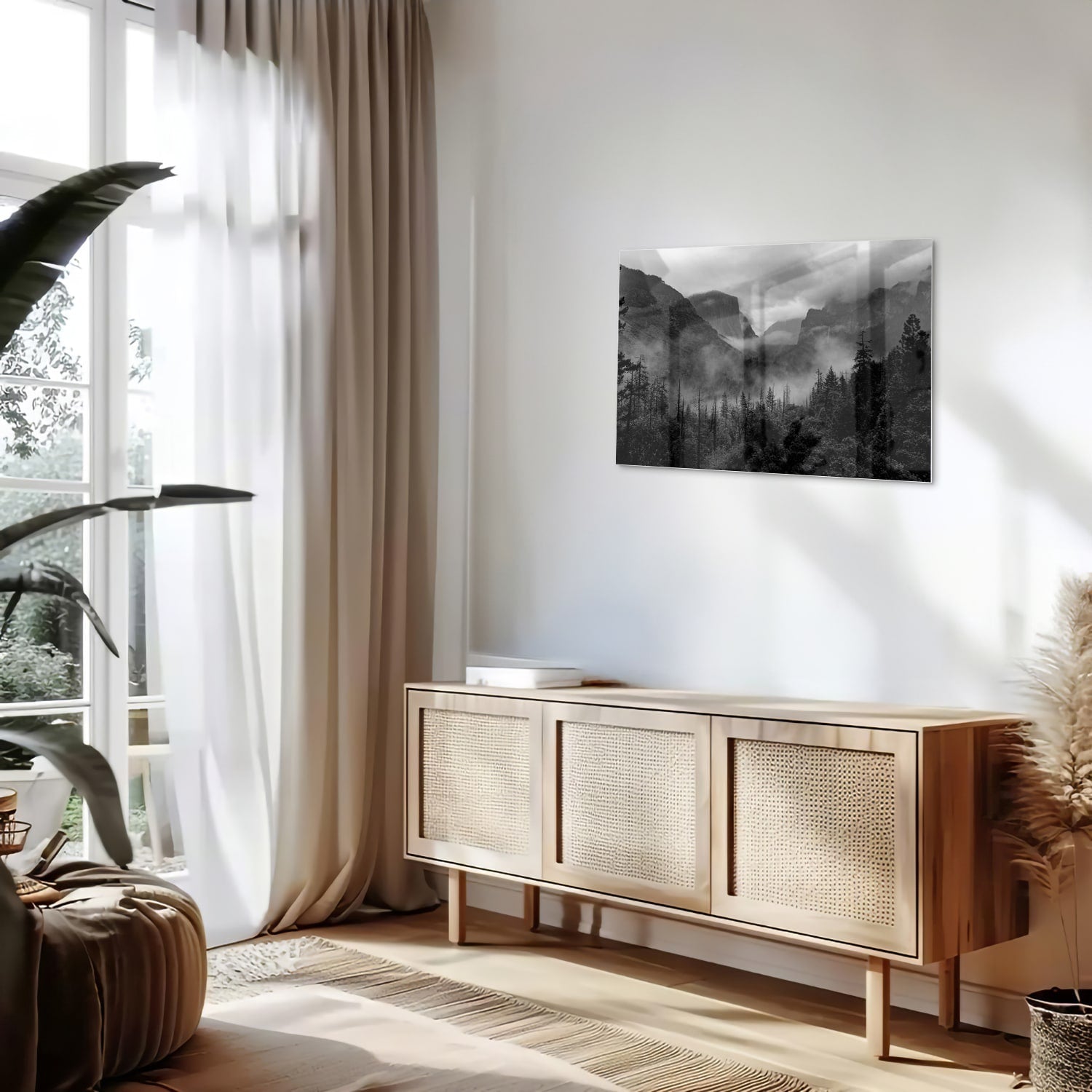 Schwarz-Weiß-Glasbild mit Berglandschaft – Glasbild aus Sicherheitsglas, Größe 80x30