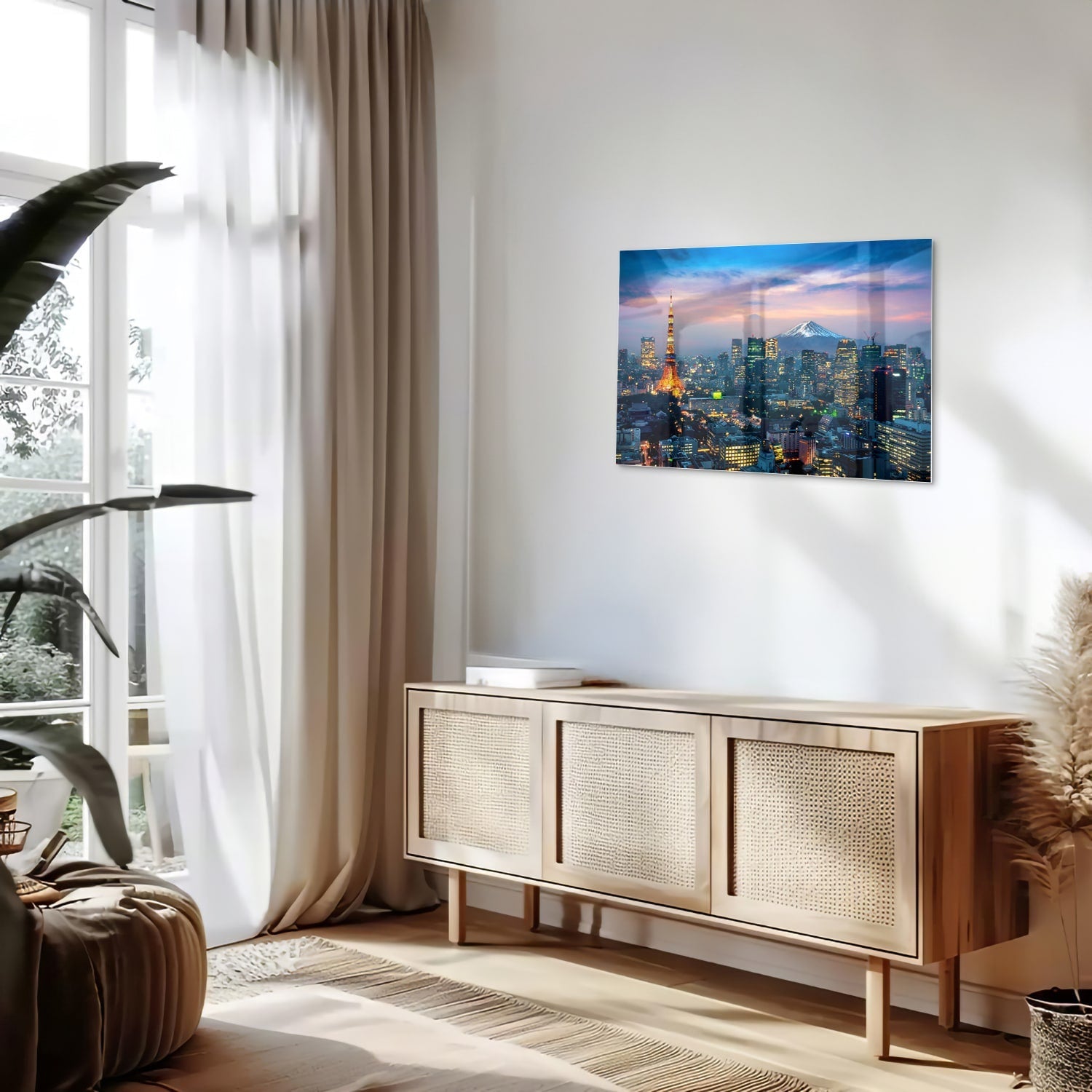 Glasbild mit Stadtpanorama, Fuji und Tokyo Tower – Glasbild aus Sicherheitsglas, Größe 80x30
