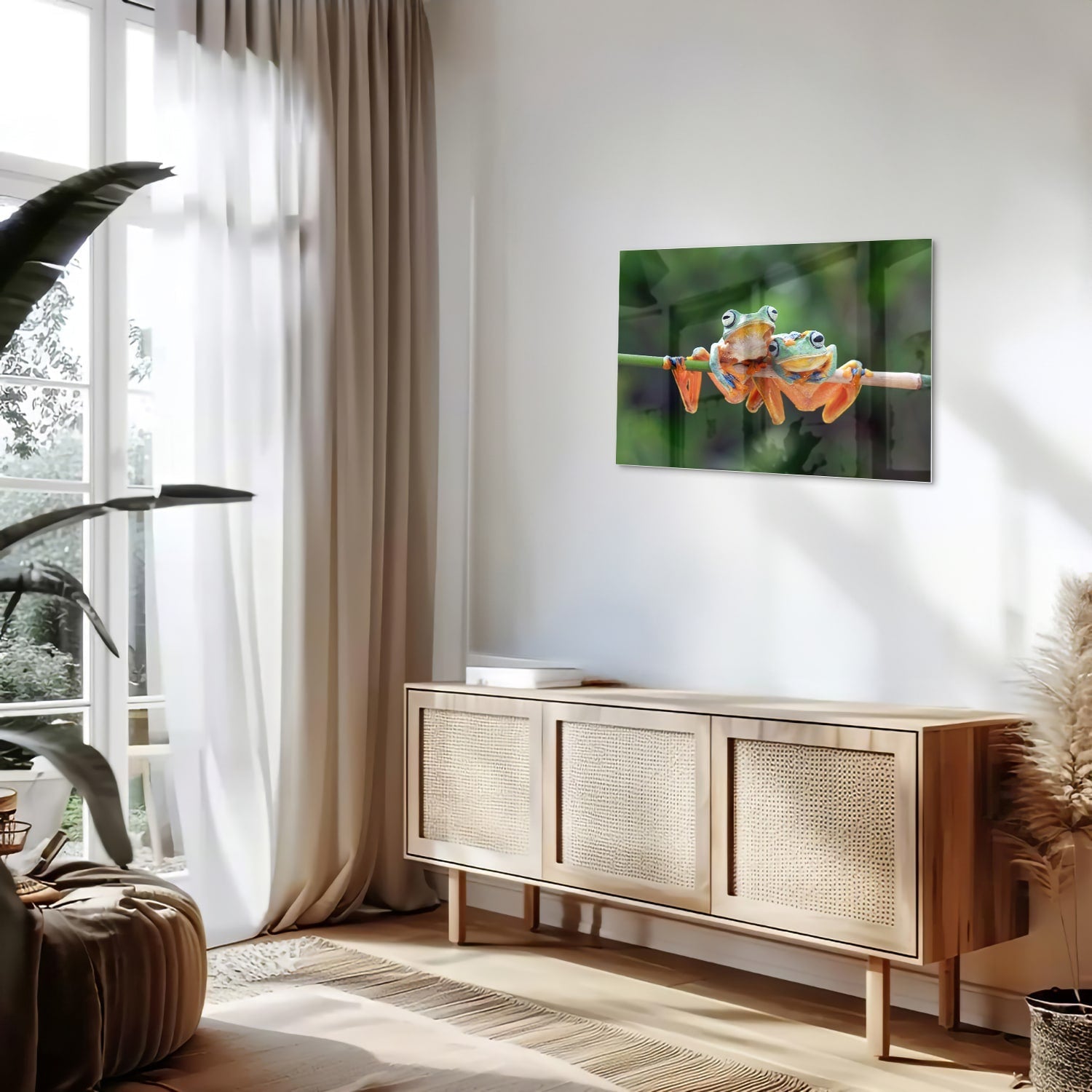 Fröhliches Glasbild mit Frosch auf einem Ast – Glasbild aus Sicherheitsglas, Größe 80x30