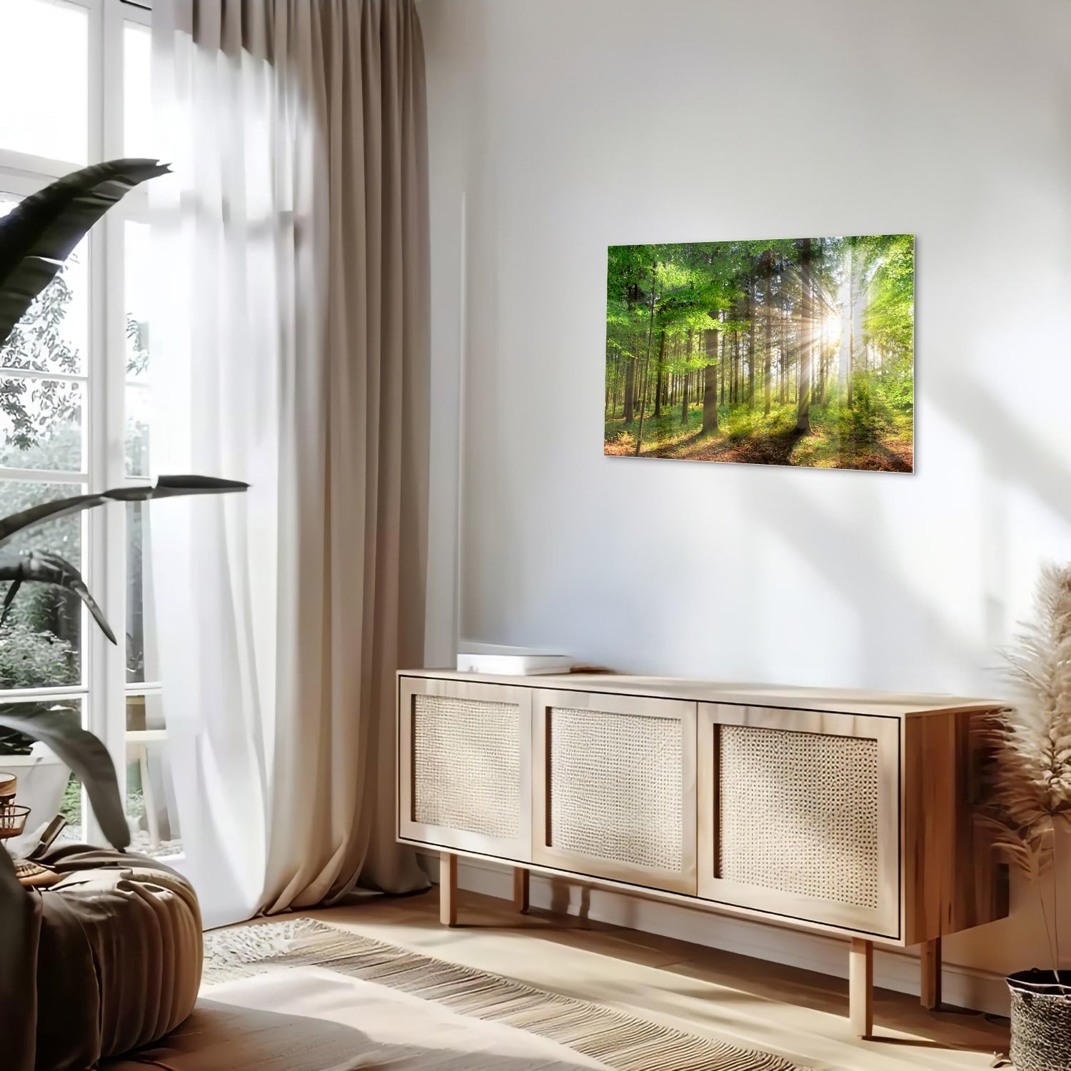 Glasbild mit sonnigem Wald für die Wohndekoration – Glasbild aus Sicherheitsglas, Größe 80x30