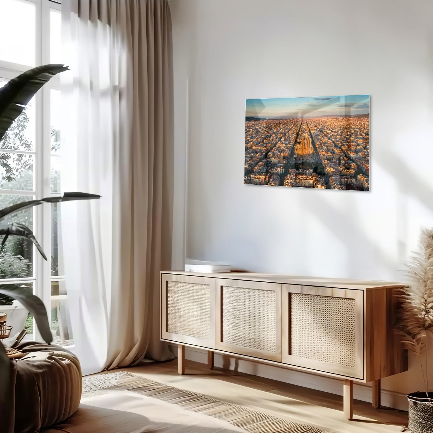 Glasbild mit atemberaubendem Stadtblick bei Sonnenuntergang – Glasbild aus Sicherheitsglas, Größe 80x30