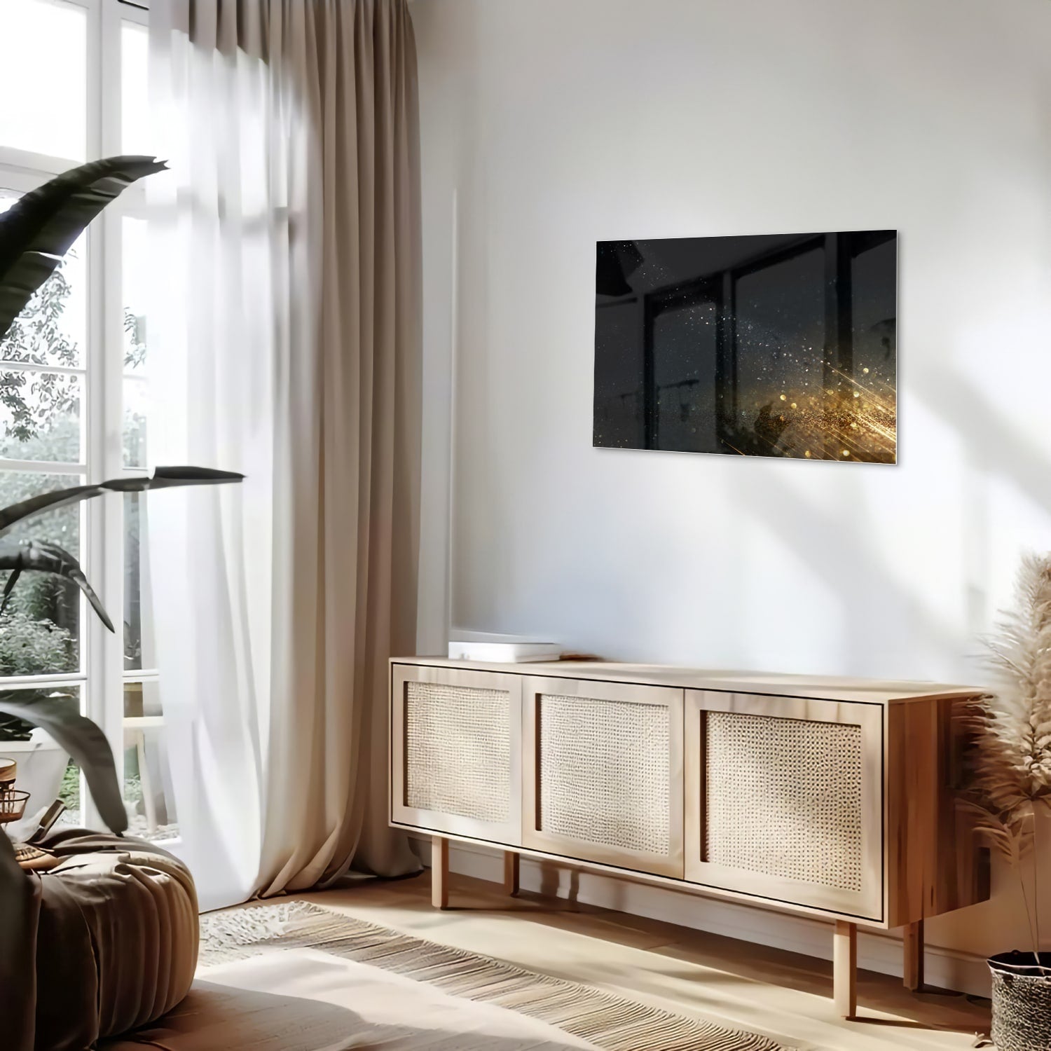 Schwarzes Glasbild mit Sternen und Lichtreflexionen – Glasbild aus Sicherheitsglas, Größe 80x30