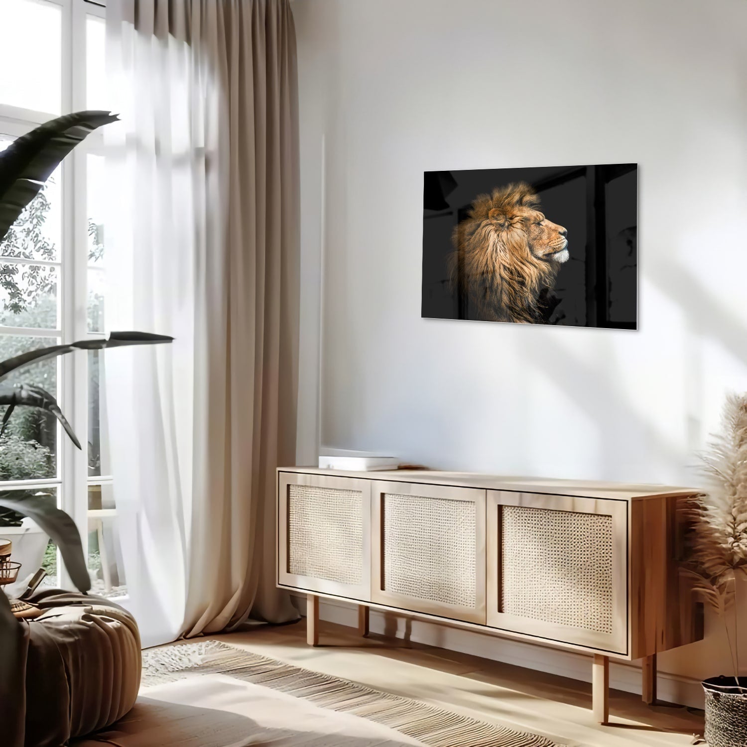 Glasbild mit majestätischem Löwen – Glasbild aus Sicherheitsglas, Größe 80x30