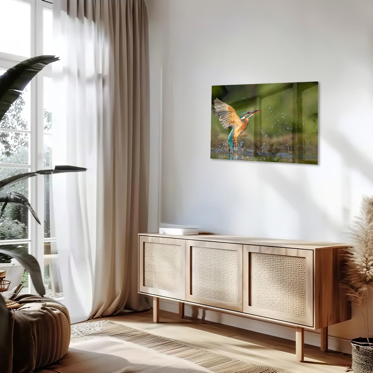 Glasbild mit einem farbenfrohen Eisvogel – Glasbild aus Sicherheitsglas, Größe 80x30