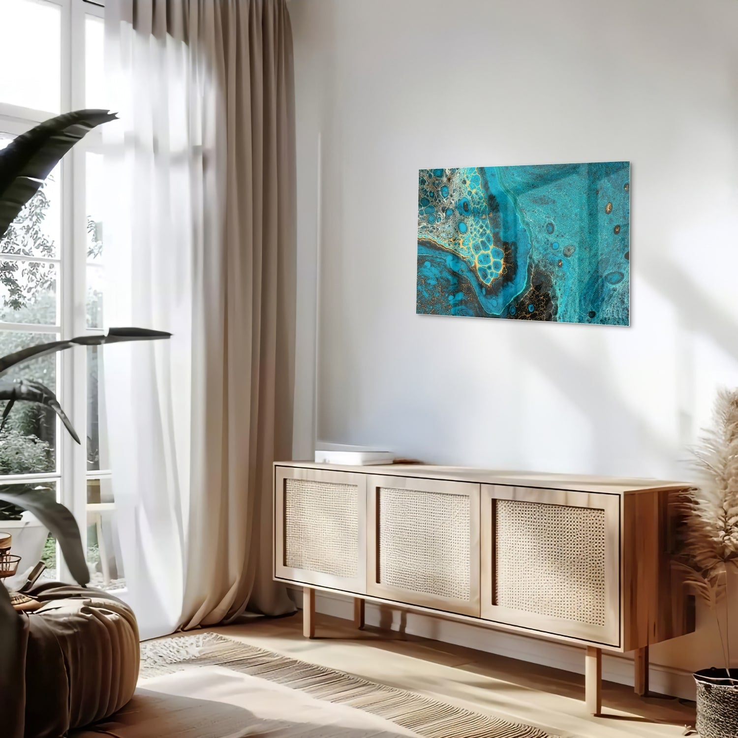 Abstraktes Glasbild in Türkis und Gold – Glasbild aus Sicherheitsglas, Größe 80x30