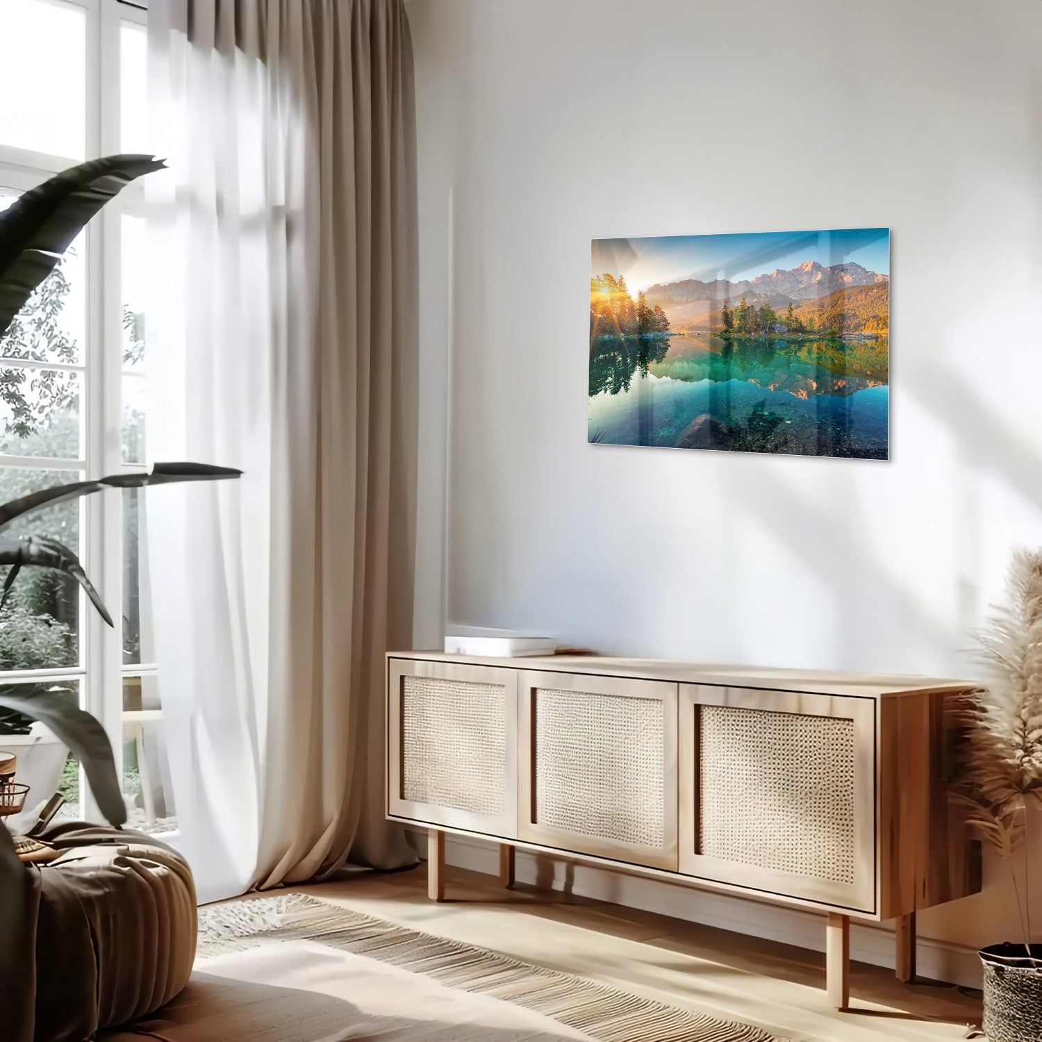 Wunderschönes Glasbild mit Berglandschaft und See – Glasbild aus Sicherheitsglas, Größe 80x30