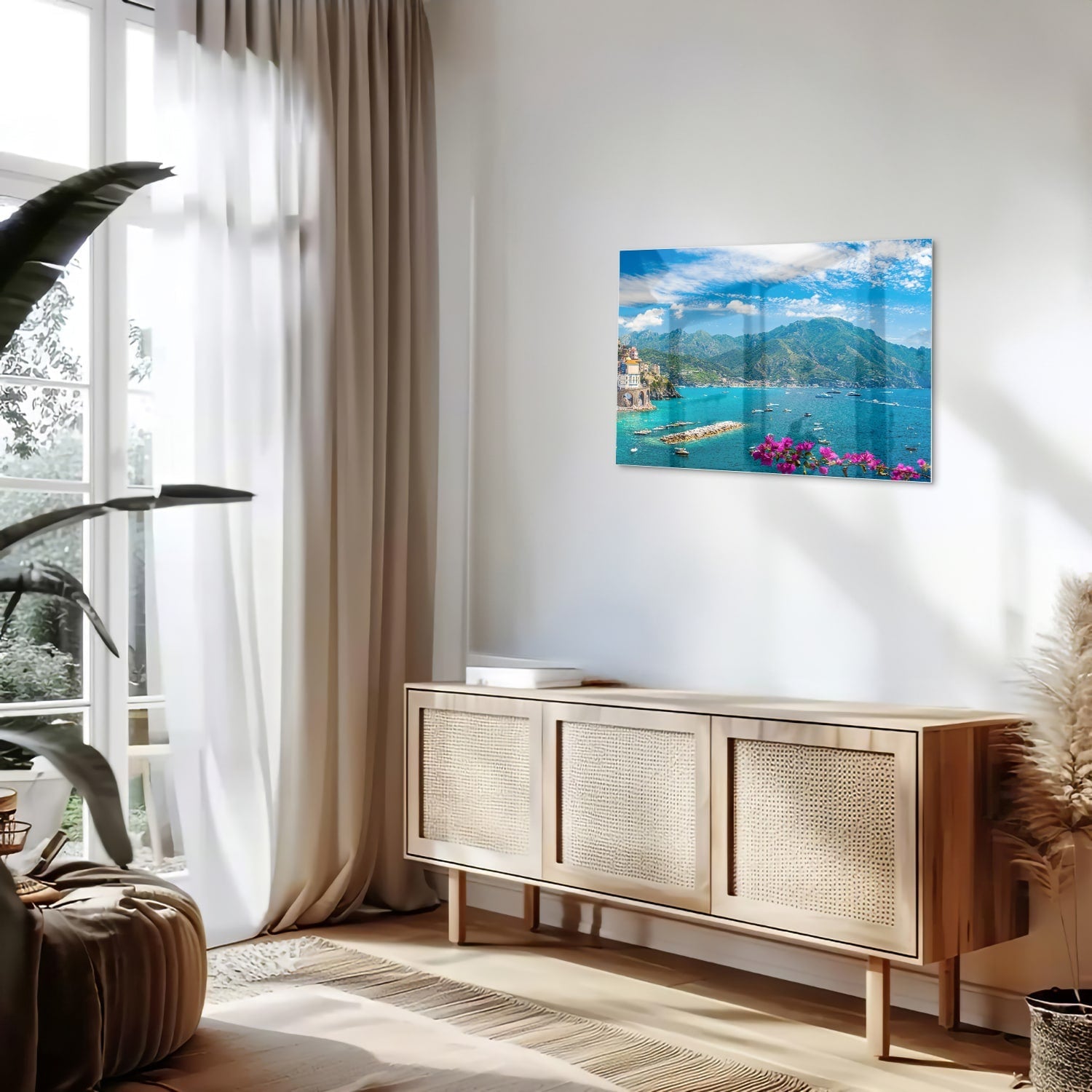 Glasbild mit blauem See und Bergen – Glasbild aus Sicherheitsglas, Größe 80x30