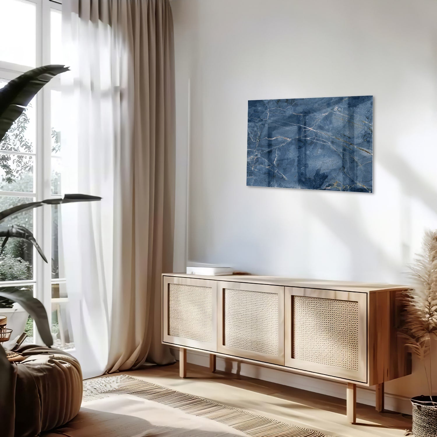 Blaues Glasbild mit Marmoroptik – Glasbild aus Sicherheitsglas, Größe 80x30
