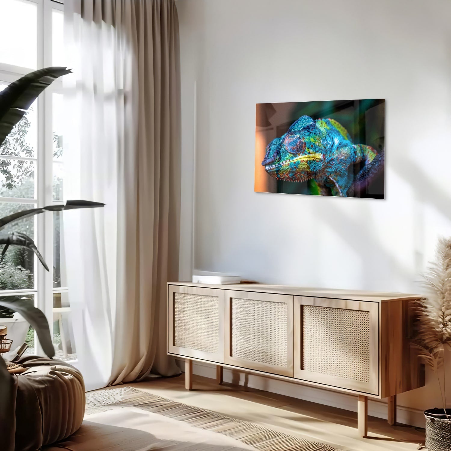 Farbenfrohes Chamäleon-Glasbild für Ihr Interieur – Glasbild aus Sicherheitsglas, Größe 80x30