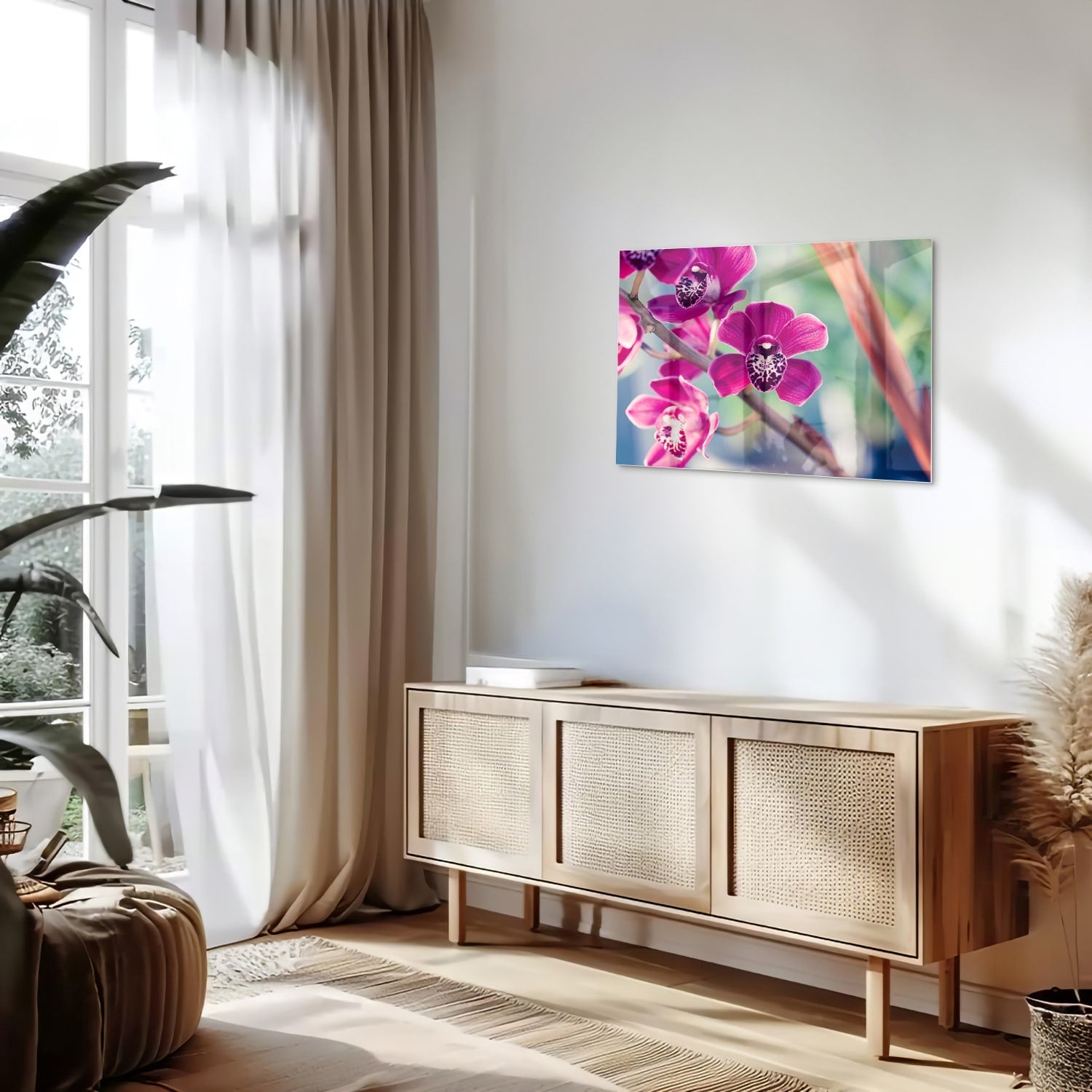 Wunderschönes Glasbild mit violetten Orchideen – Glasbild aus Sicherheitsglas, Größe 80x30