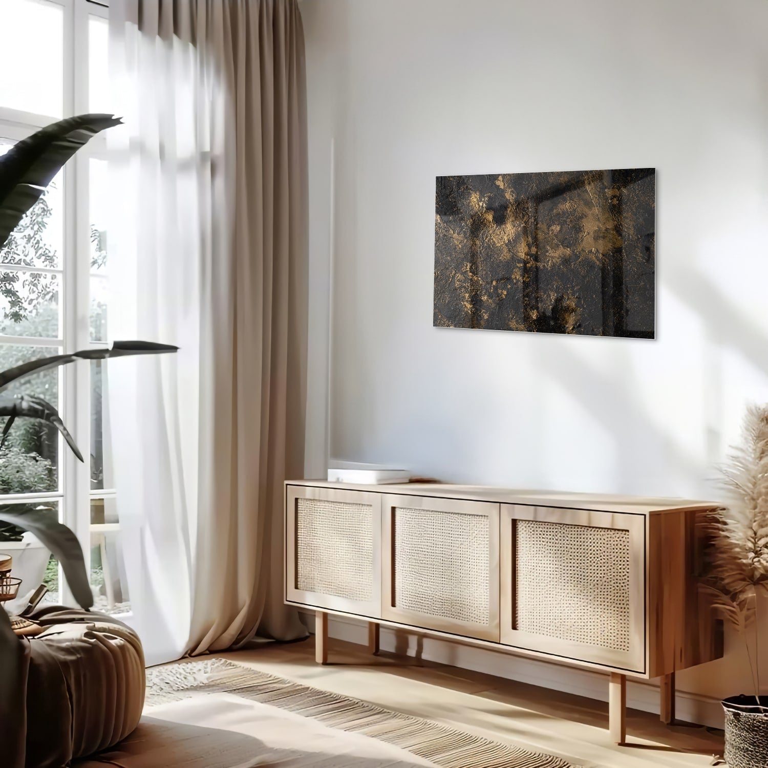 Modernes Glasbild mit goldenen Akzenten – Glasbild aus Sicherheitsglas, Größe 80x30